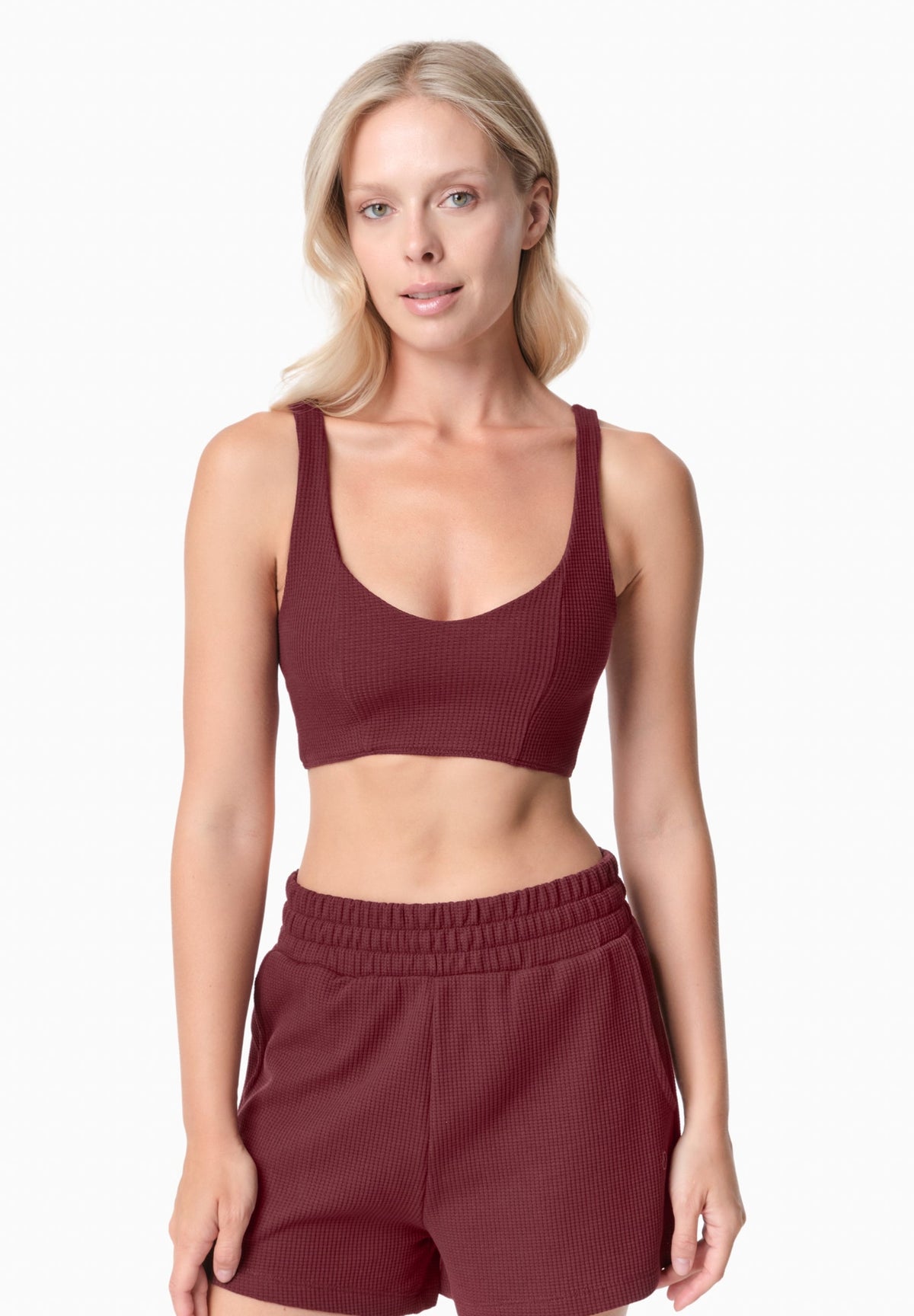 BELLA Damen Waffel Crop Top Bio-Baumwolle und recyceltem Polyester – Bordeaux