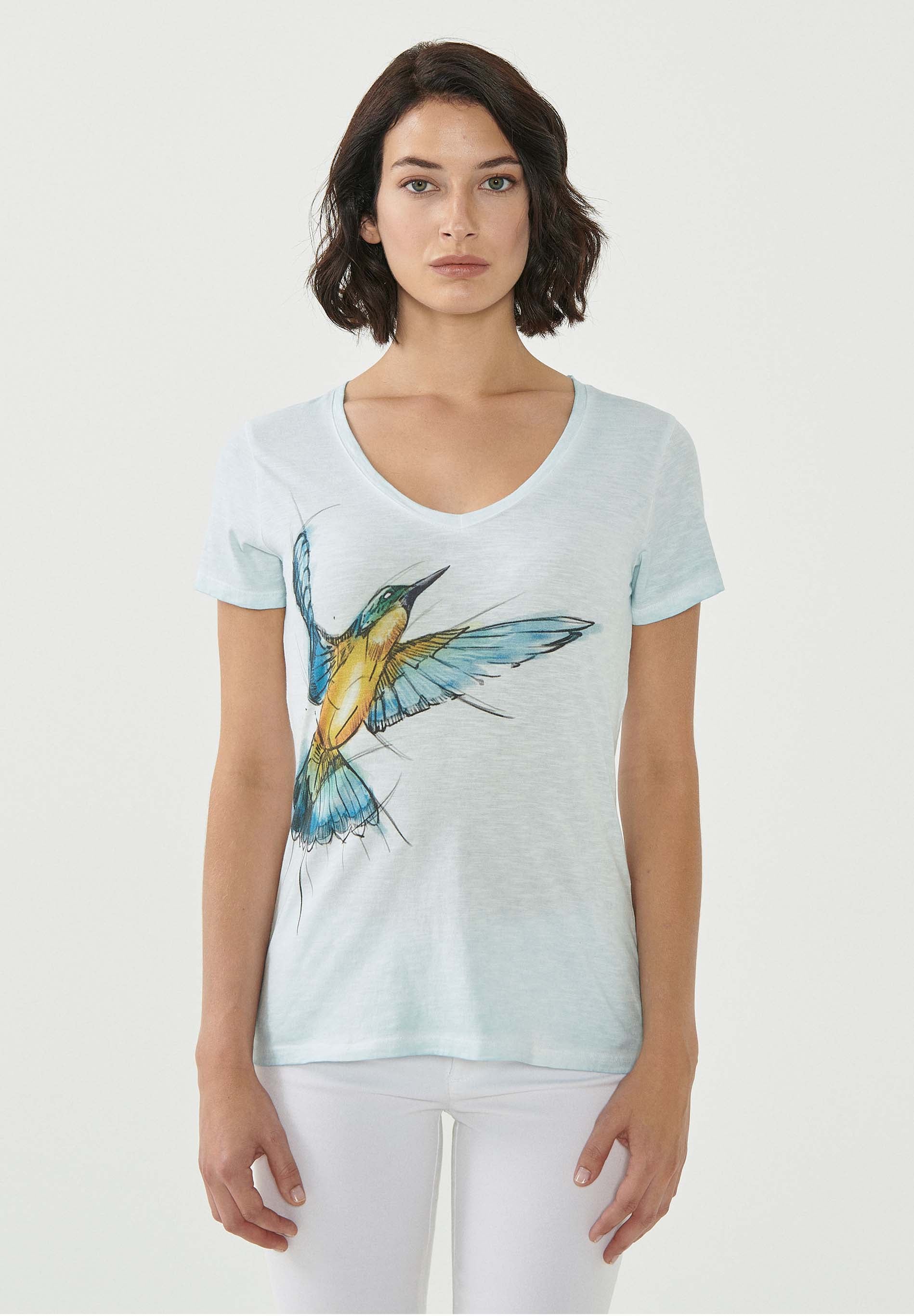 Garment Dyed T-Shirt aus Bio-Baumwolle mit Vogel-Print