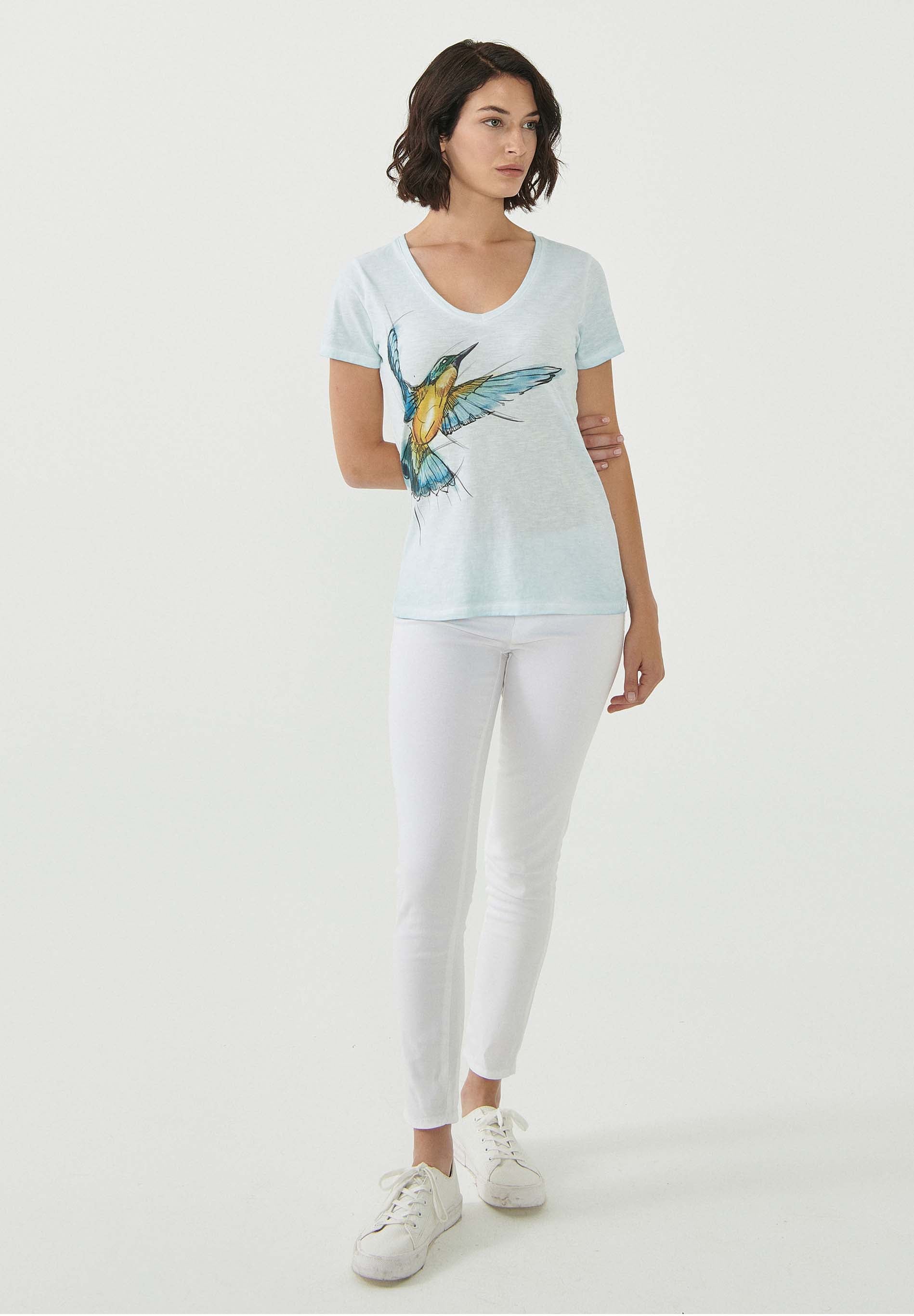 Garment Dyed T-Shirt aus Bio-Baumwolle mit Vogel-Print