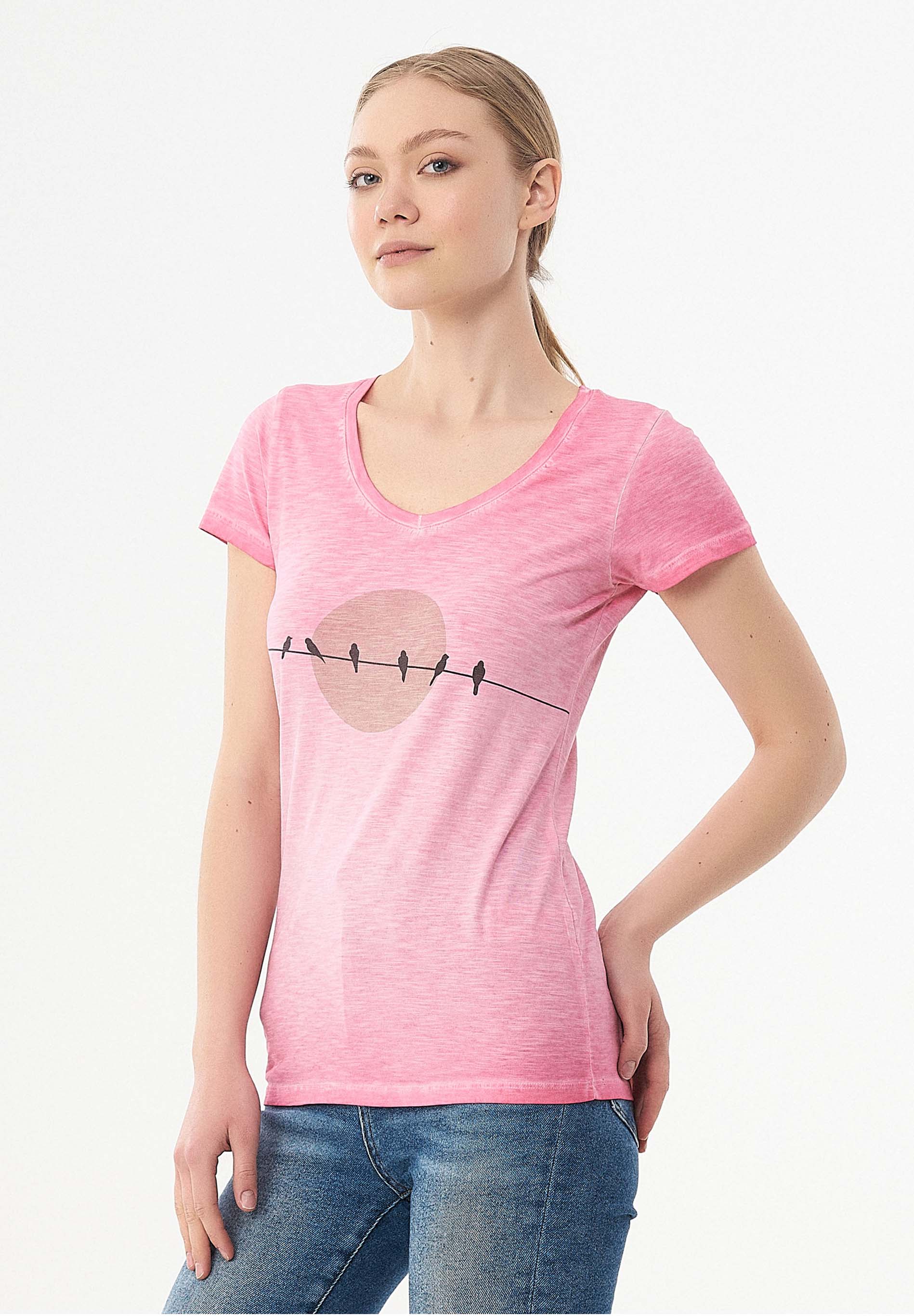Garment Dyed T-Shirt aus Bio-Baumwolle mit Vogel-Print