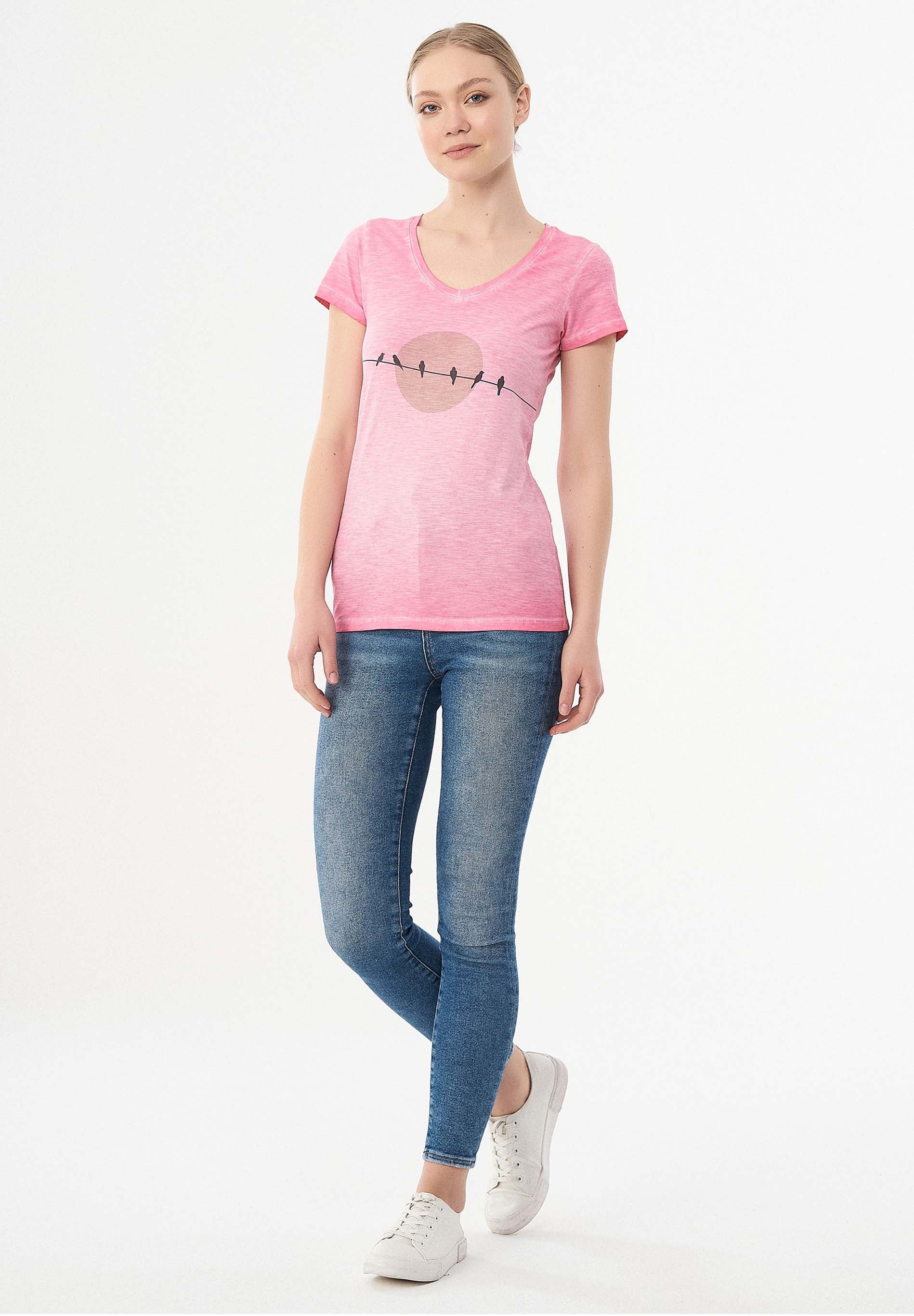 Garment Dyed T-Shirt aus Bio-Baumwolle mit Vogel-Print
