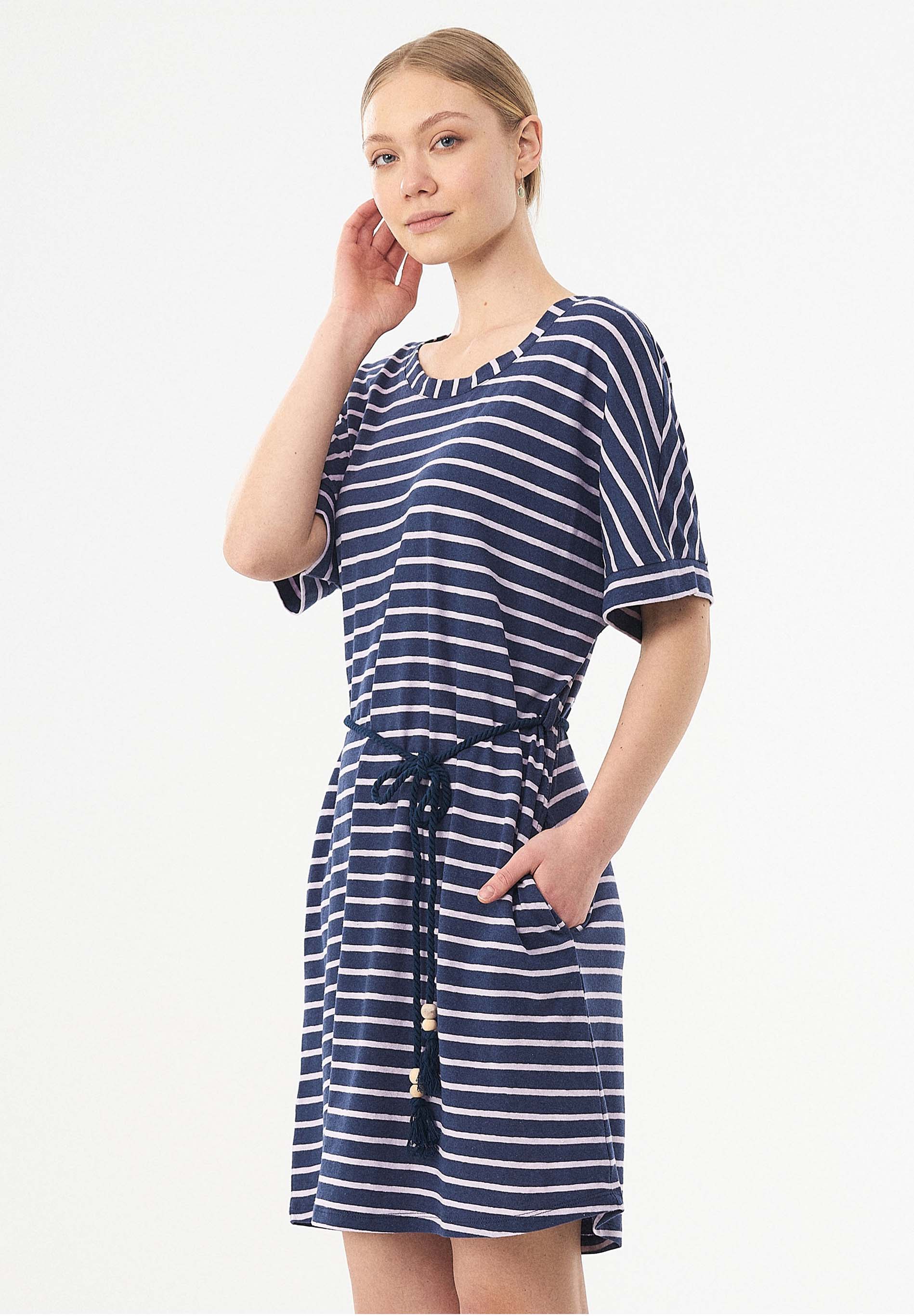 Gestreiftes Jerseykleid aus Bio-Baumwolle und Leinen