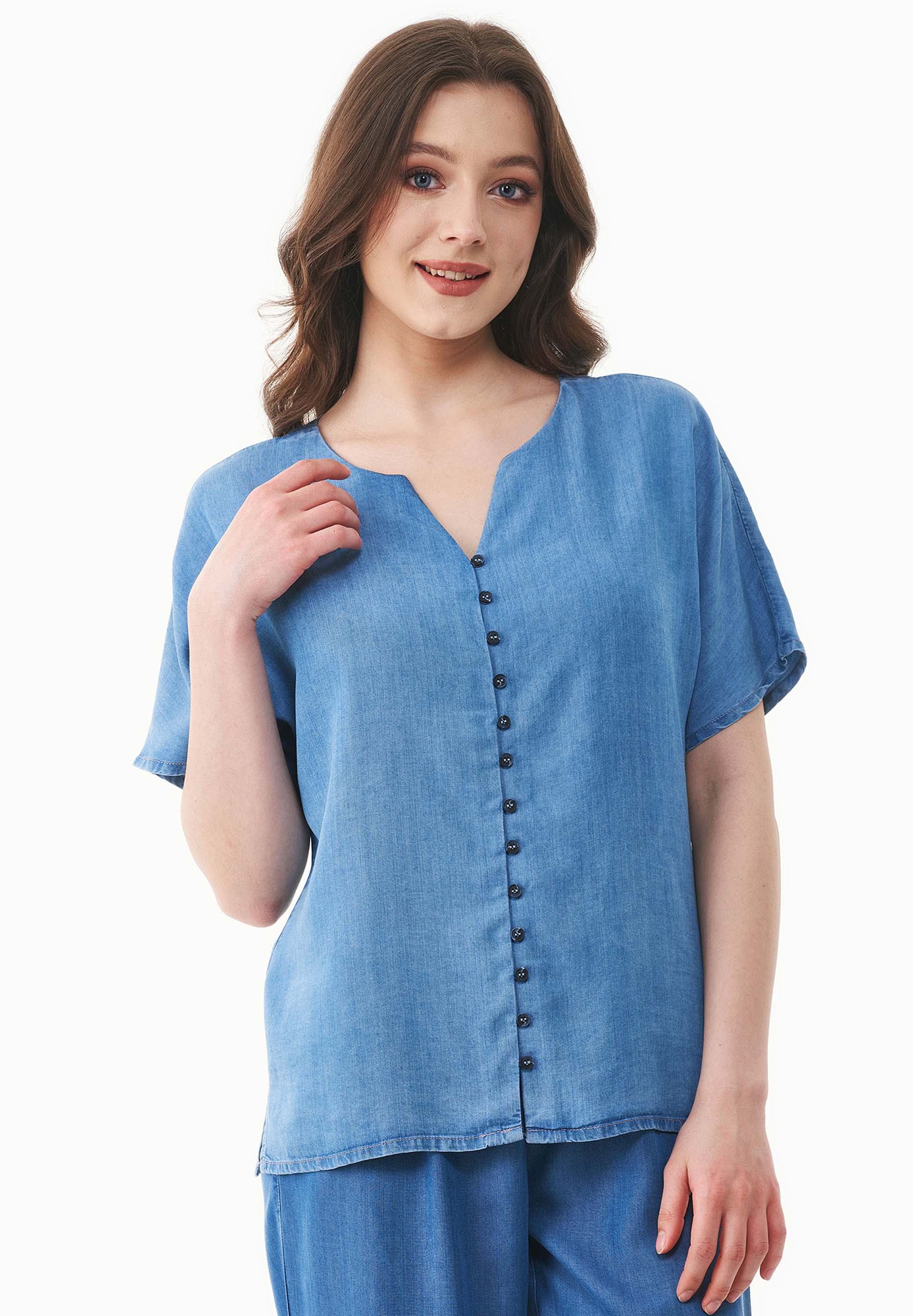 Bluse aus TENCEL™ Lyocell in Denim-Optik