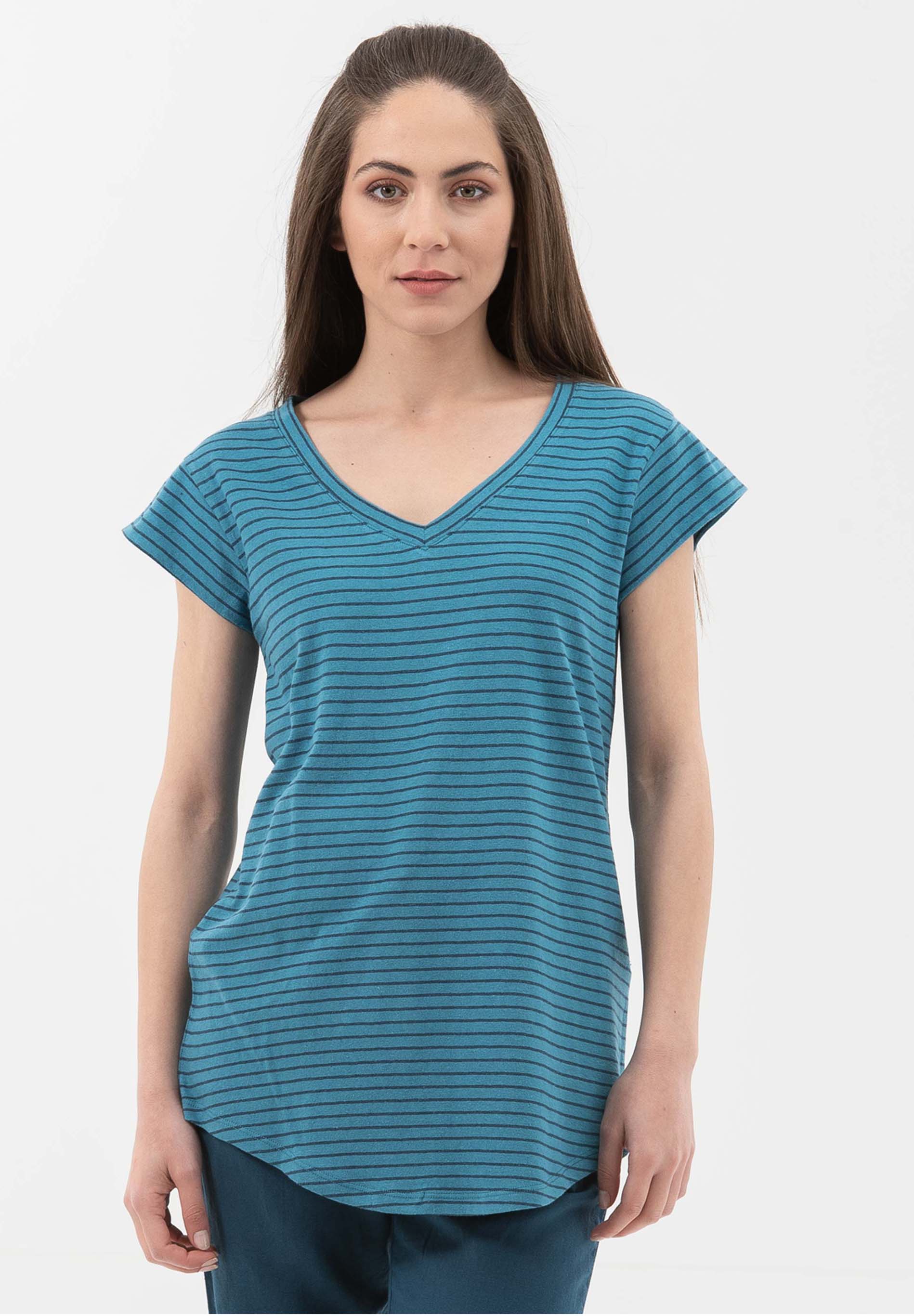 T-Shirt aus Bio-Baumwolle und Leinen mit Ringelmuster