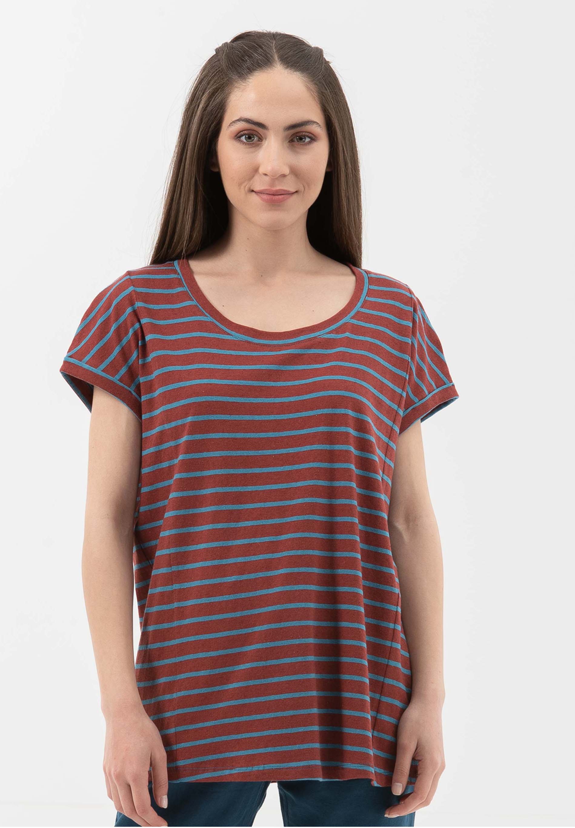 T-Shirt aus Bio-Baumwolle und Leinen mit Ringelmuster
