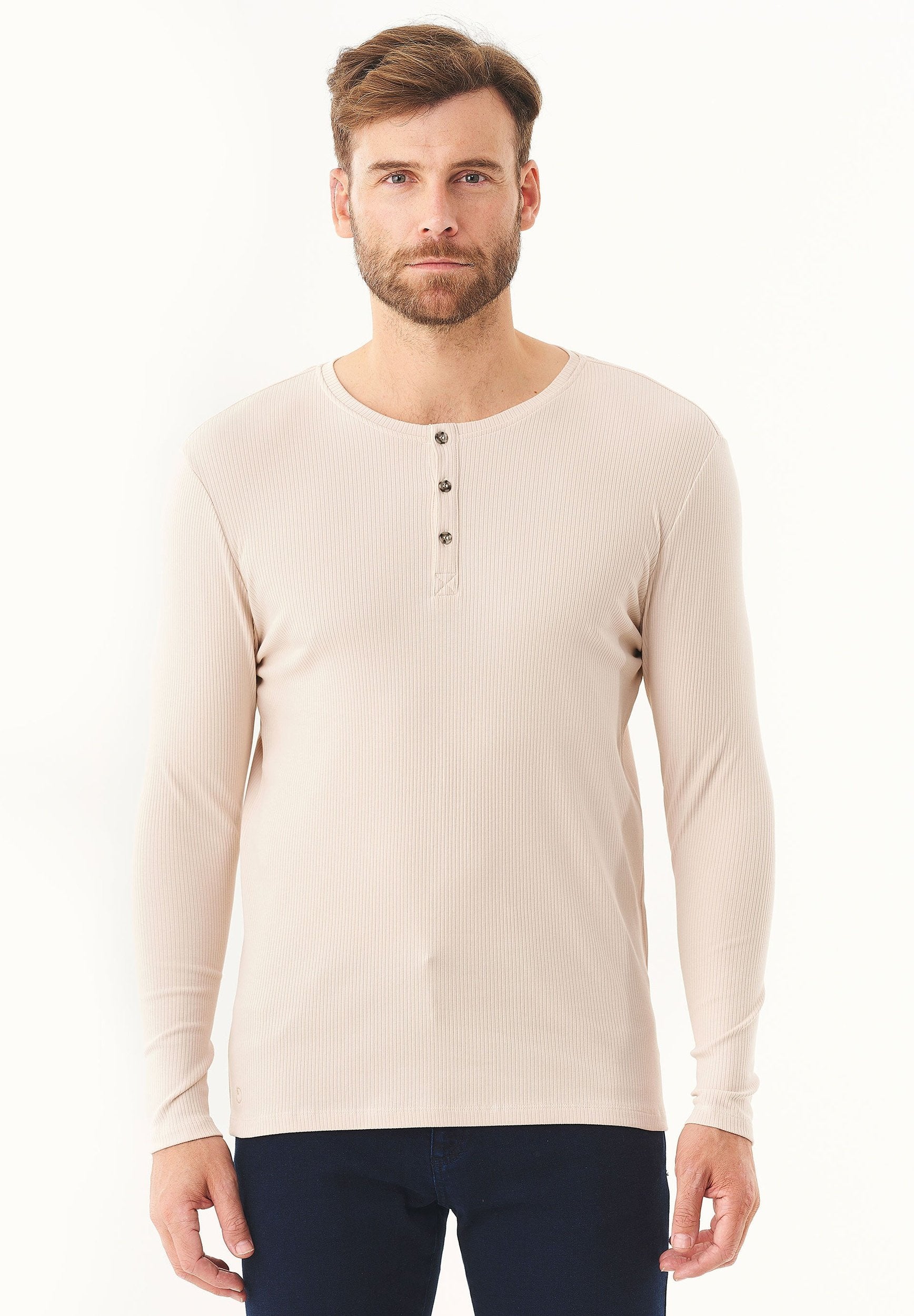 Geripptes Henley Langarmshirt aus Bio-Baumwolle