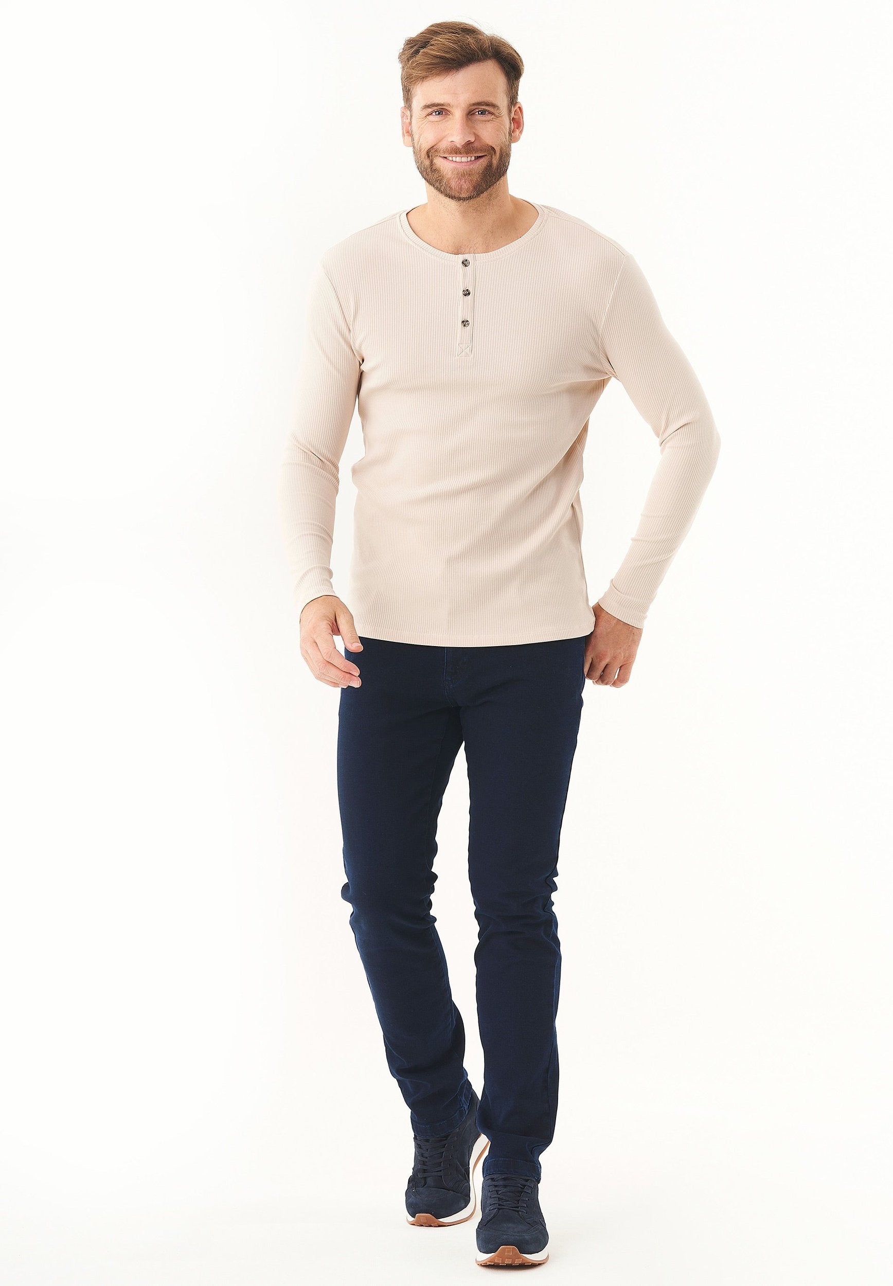 Geripptes Henley Langarmshirt aus Bio-Baumwolle