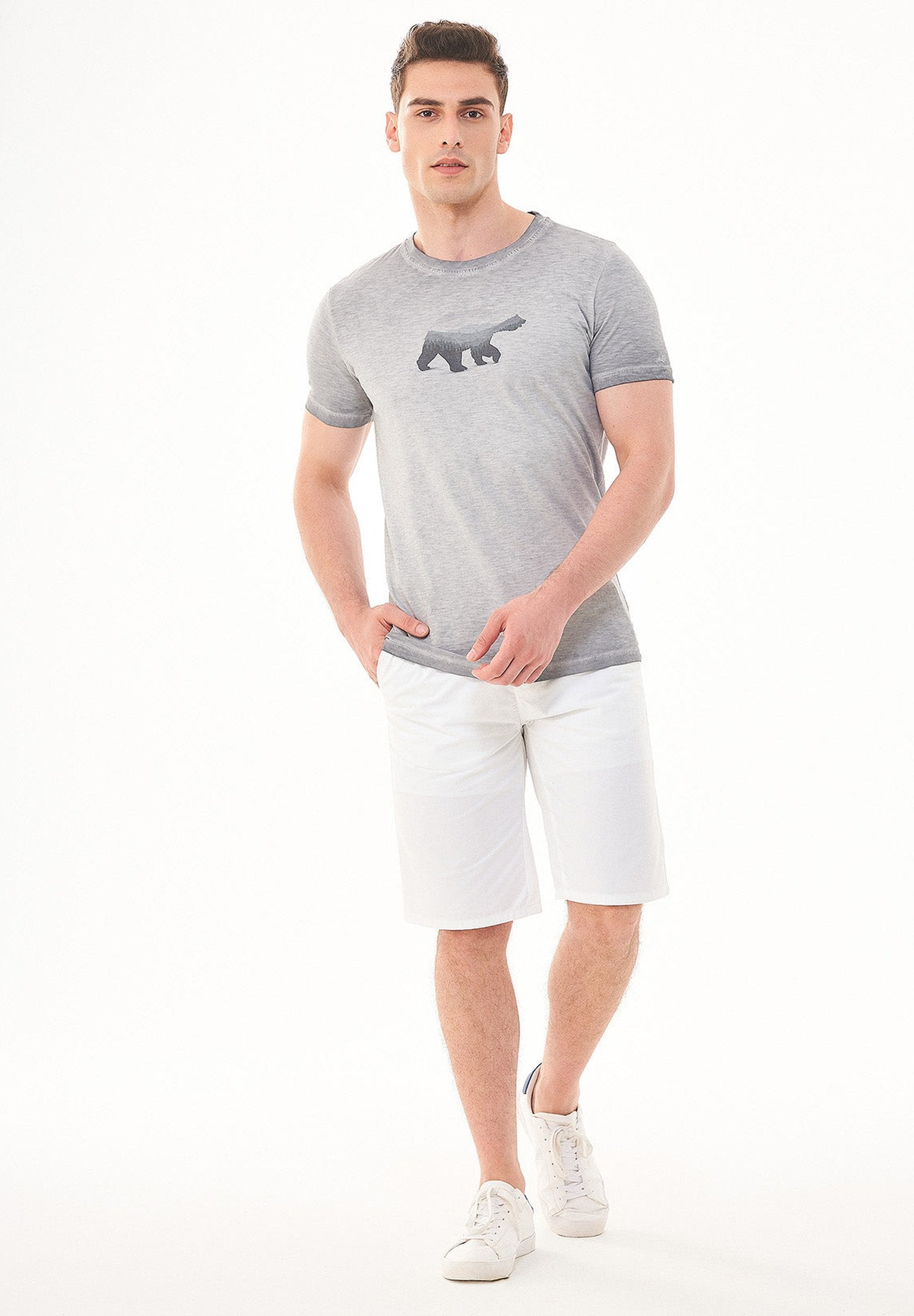 Garment Dyed T-Shirt aus Bio-Baumwolle mit Bär-Print