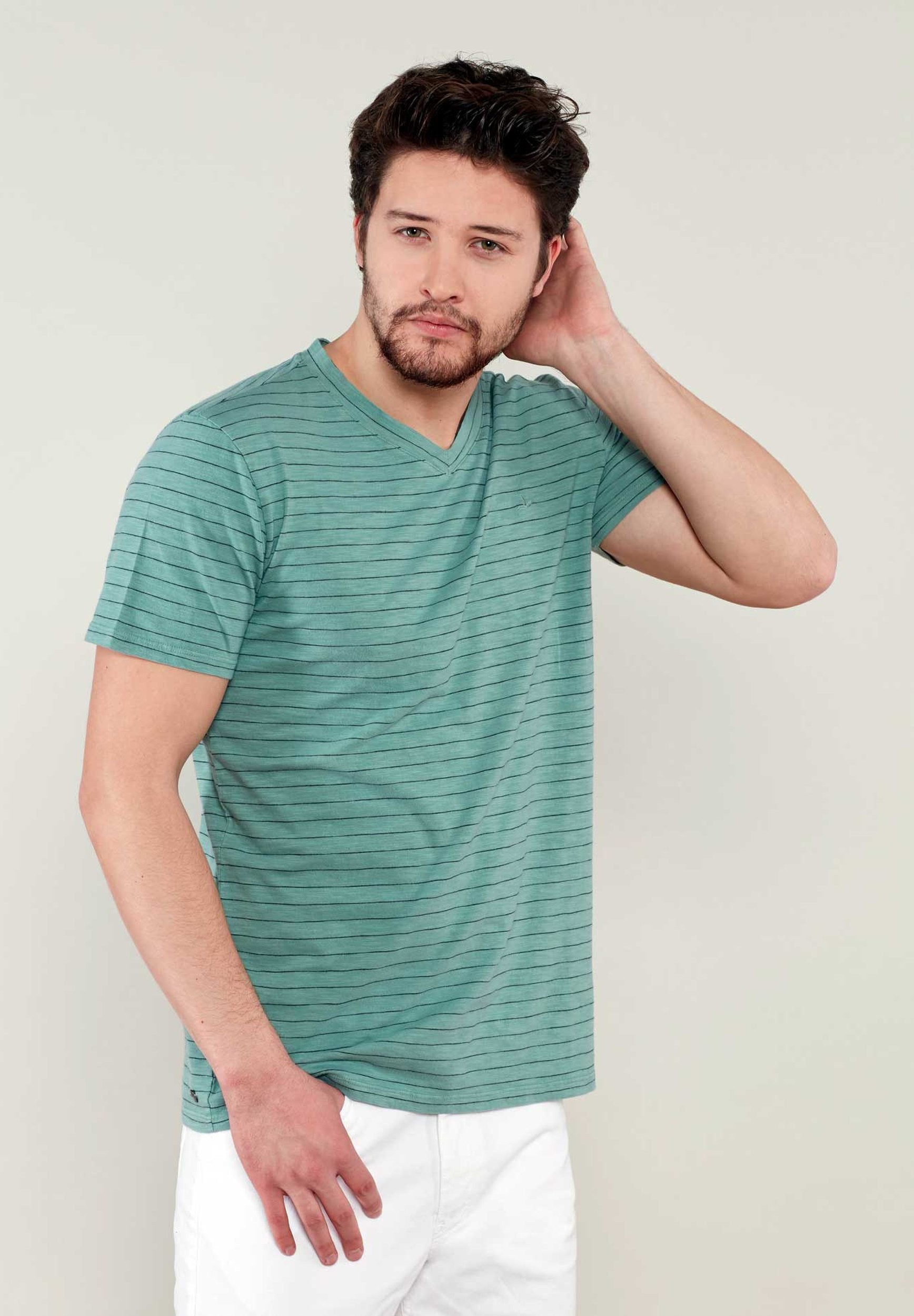Ringelshirt aus Bio-Baumwolle mit V-Ausschnitt
