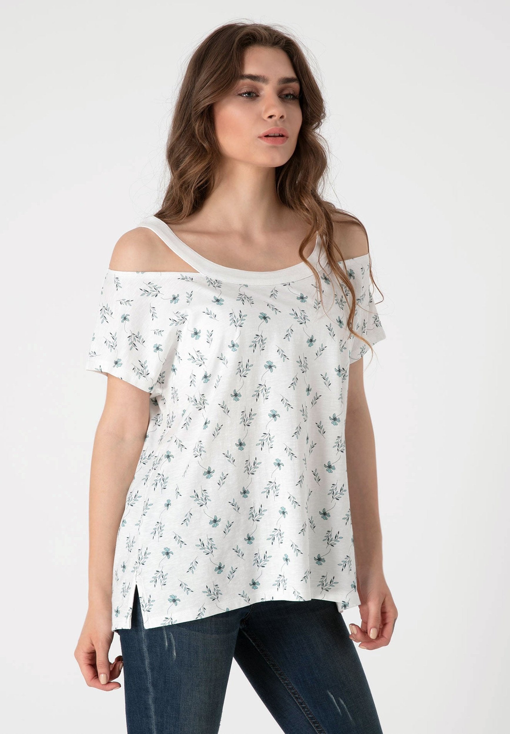 Schulterfreies Top aus Bio-Baumwolle mit Allover-Print