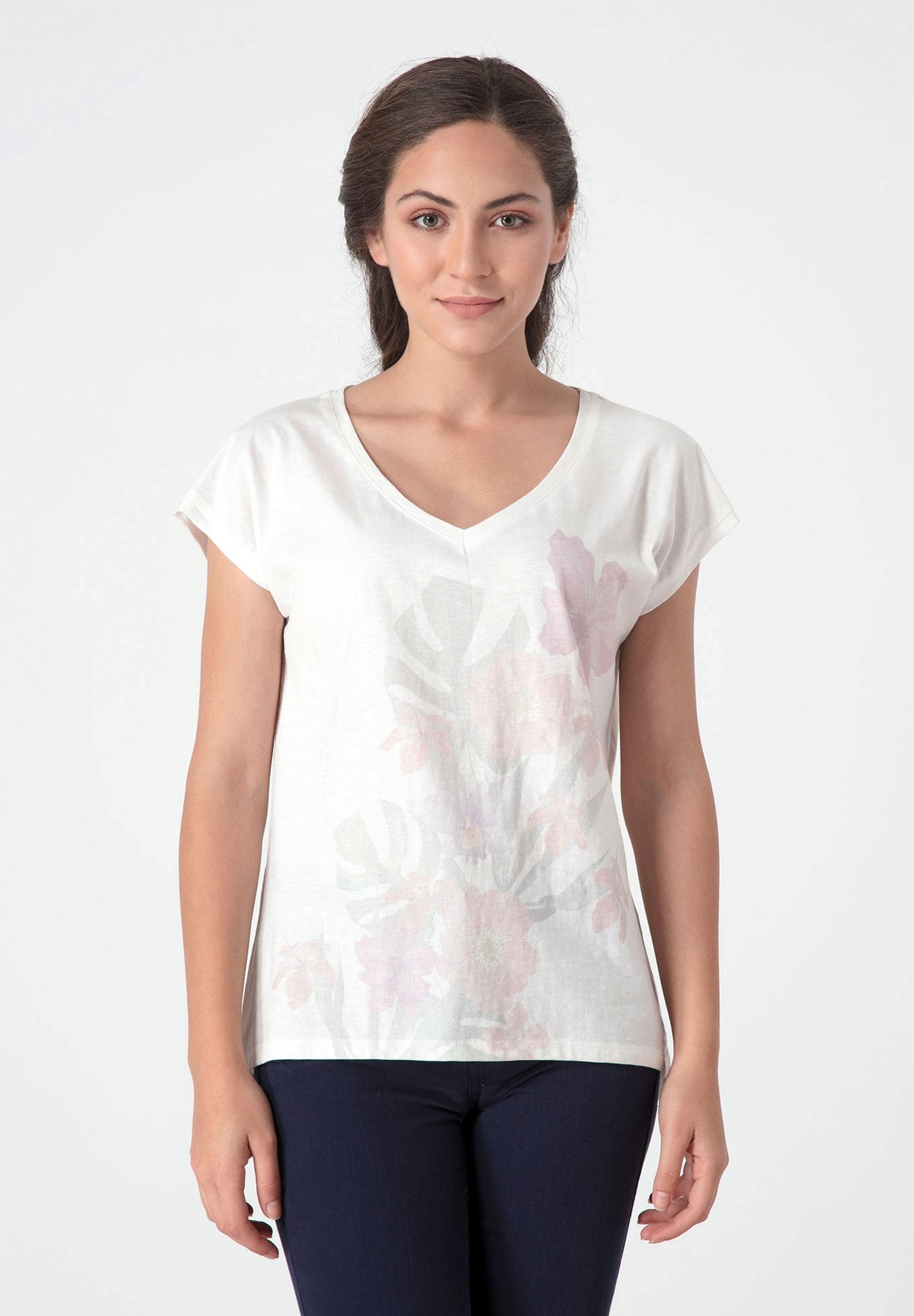 T-Shirt aus Bio-Baumwolle mit tiefem V-Ausschnitt und längerem Rückenteil