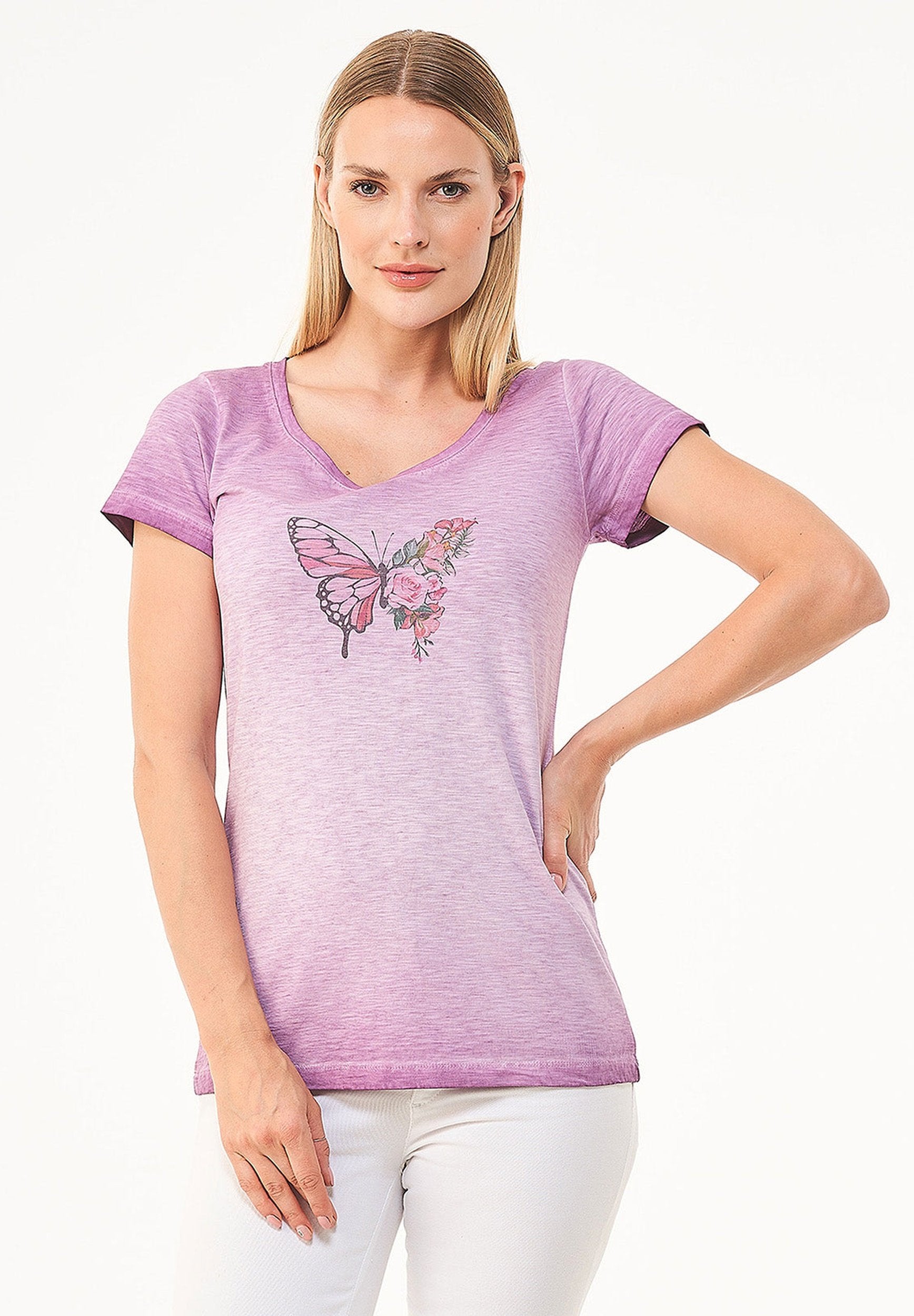 Garment Dyed T-Shirt aus Bio-Baumwolle mit Schmetterling-Print