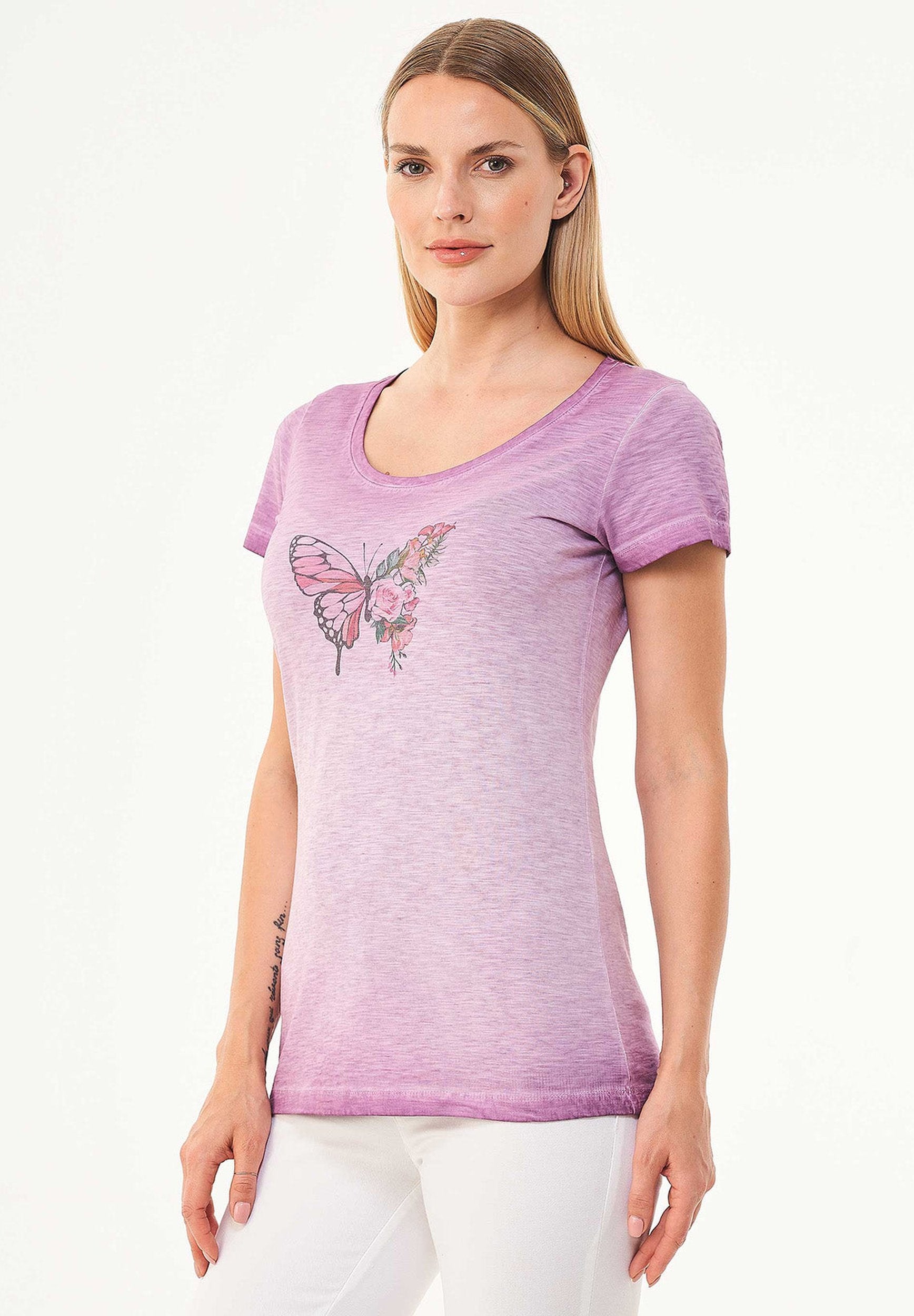 Garment Dyed T-Shirt aus Bio-Baumwolle mit Schmetterling-Print