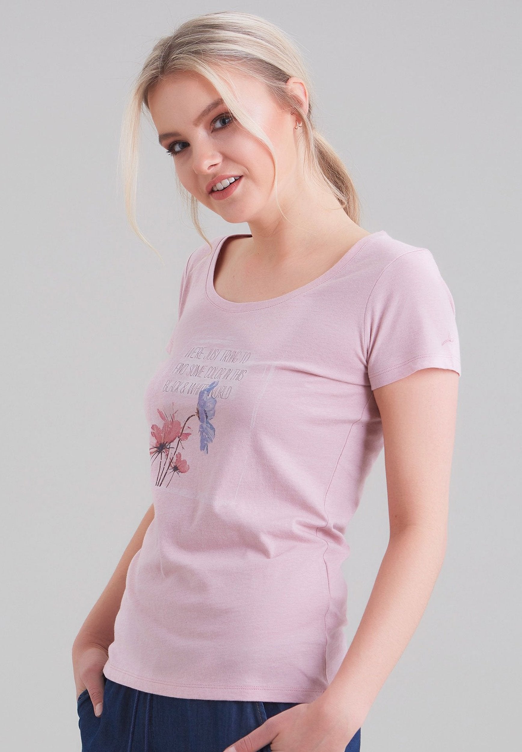 Damen T-Shirt aus Bio-Baumwolle mit Blumenprint WOR6006 Rose Melange