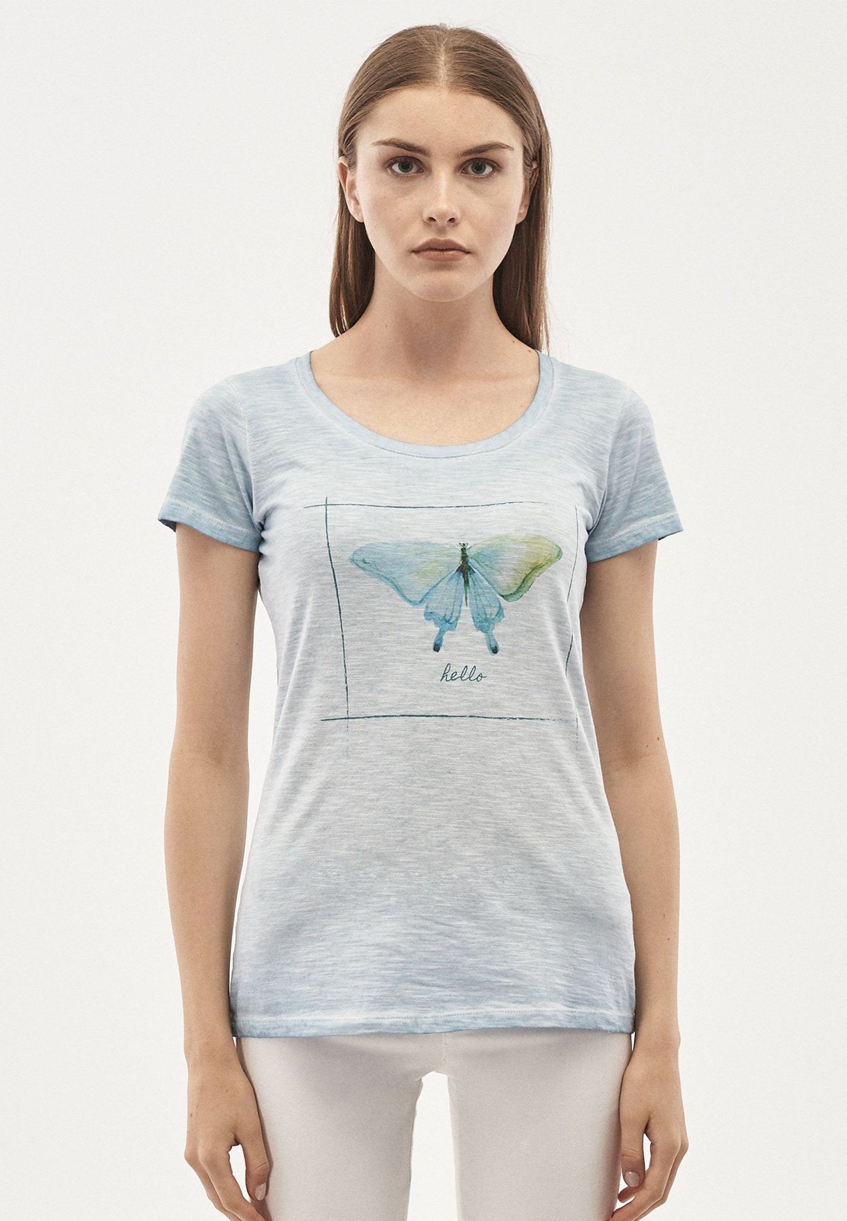 Damen Garment Dyed T-Shirt aus Bio-Baumwolle mit Schmetterling-Print