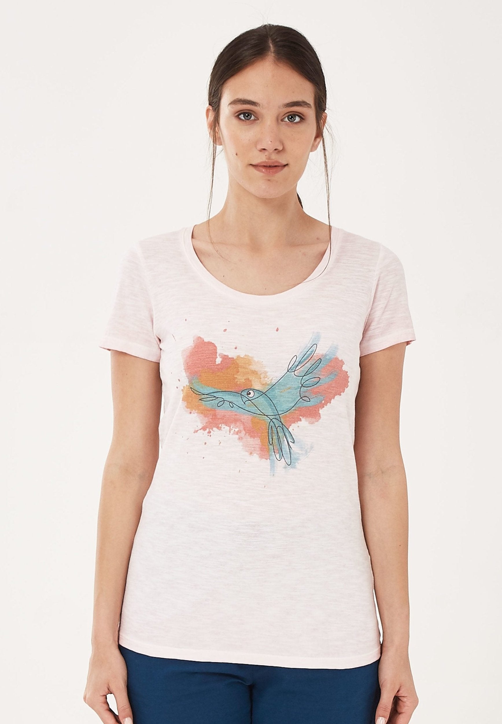 Garment Dyed T-Shirt aus Bio-Baumwolle mit Vogel-Print | Nachhaltige Mode Damen