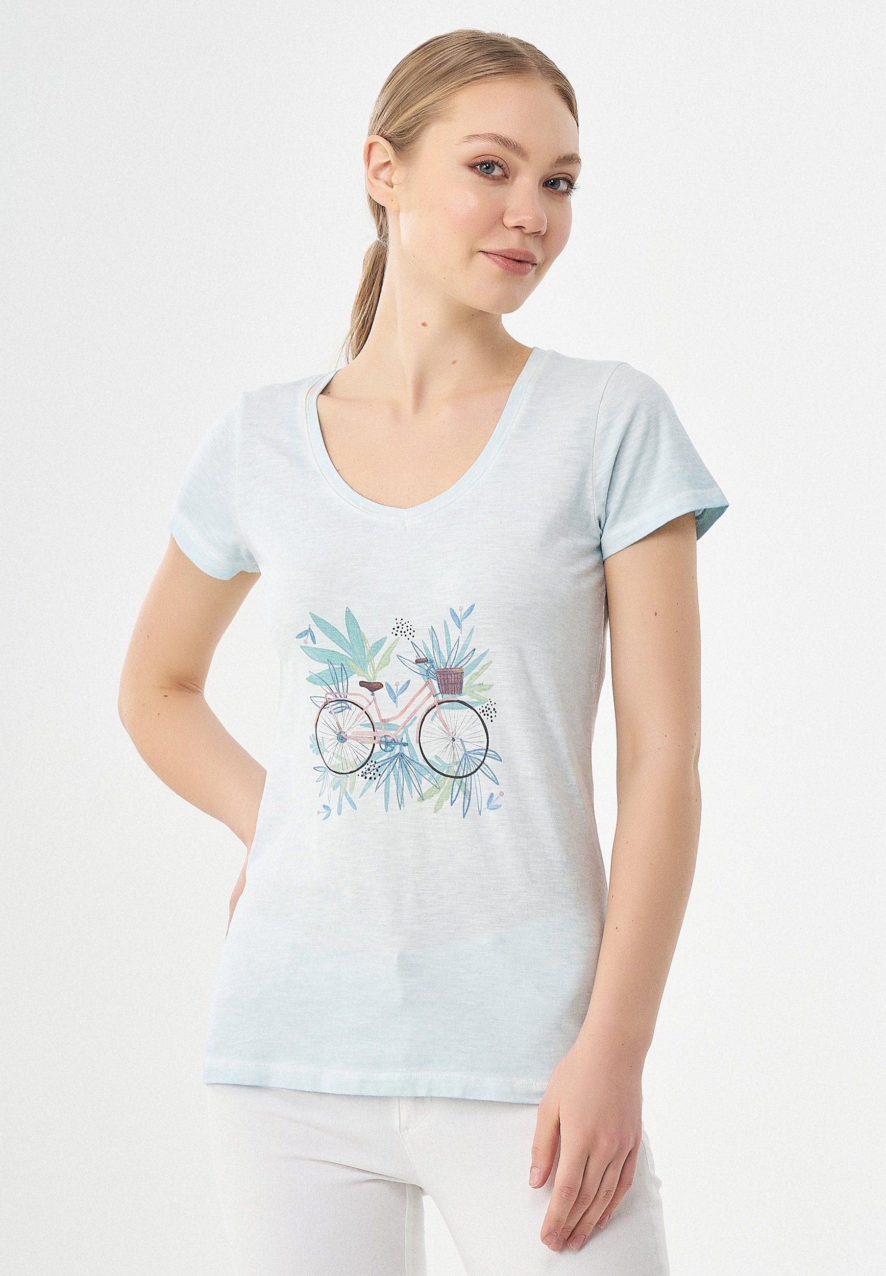 Garment Dyed T-Shirt aus Bio-Baumwolle mit Fahrrad-Print
