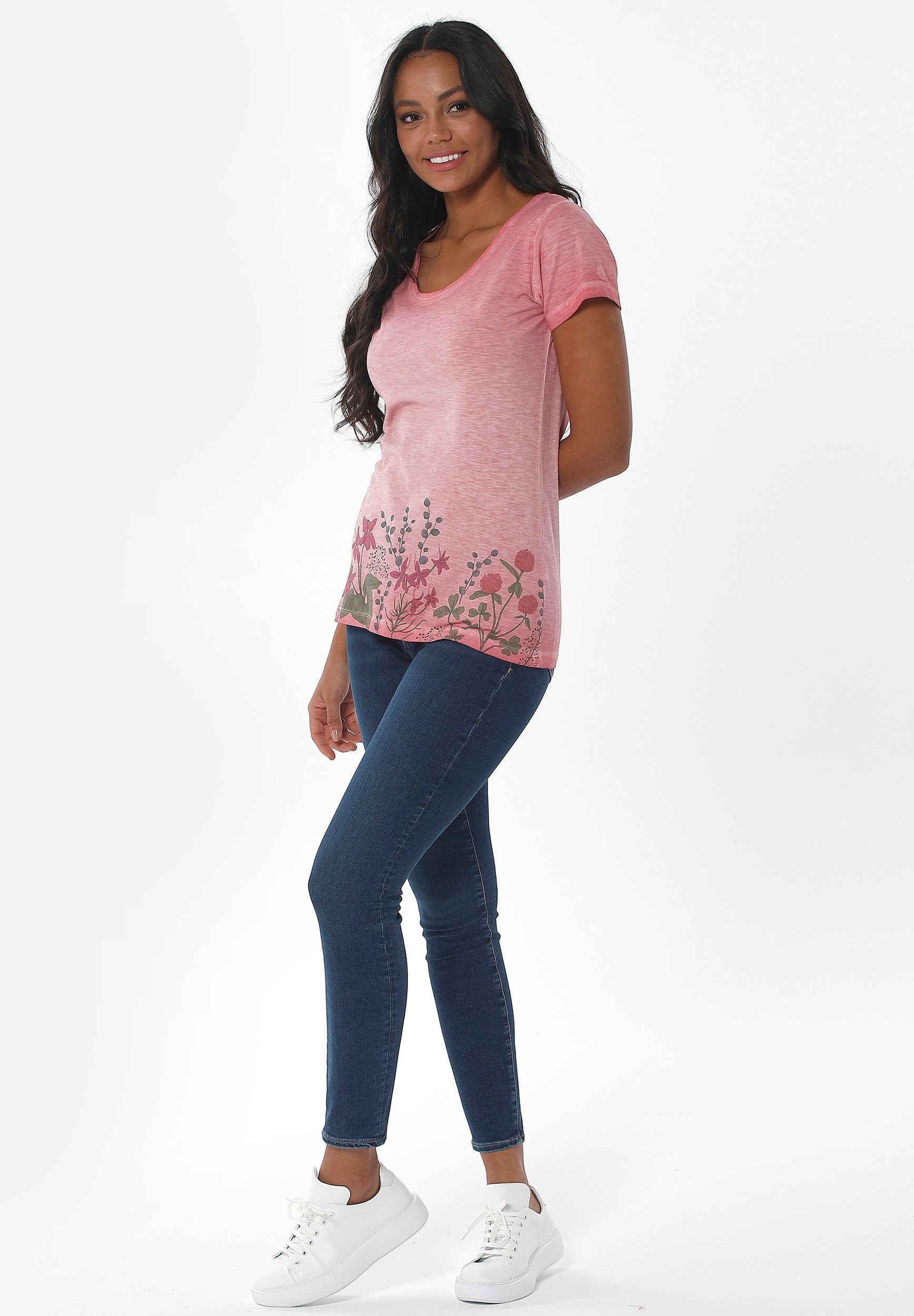 Garment Dyed T-Shirt aus Bio-Baumwolle mit Blume-Print