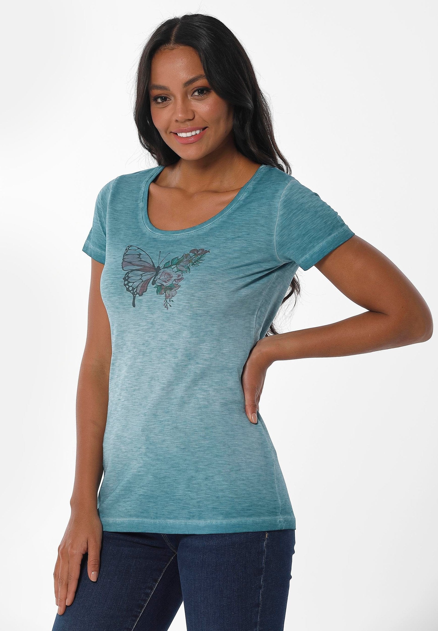 Garment Dyed T-Shirt aus Bio-Baumwolle mit  Schmetterling-Print