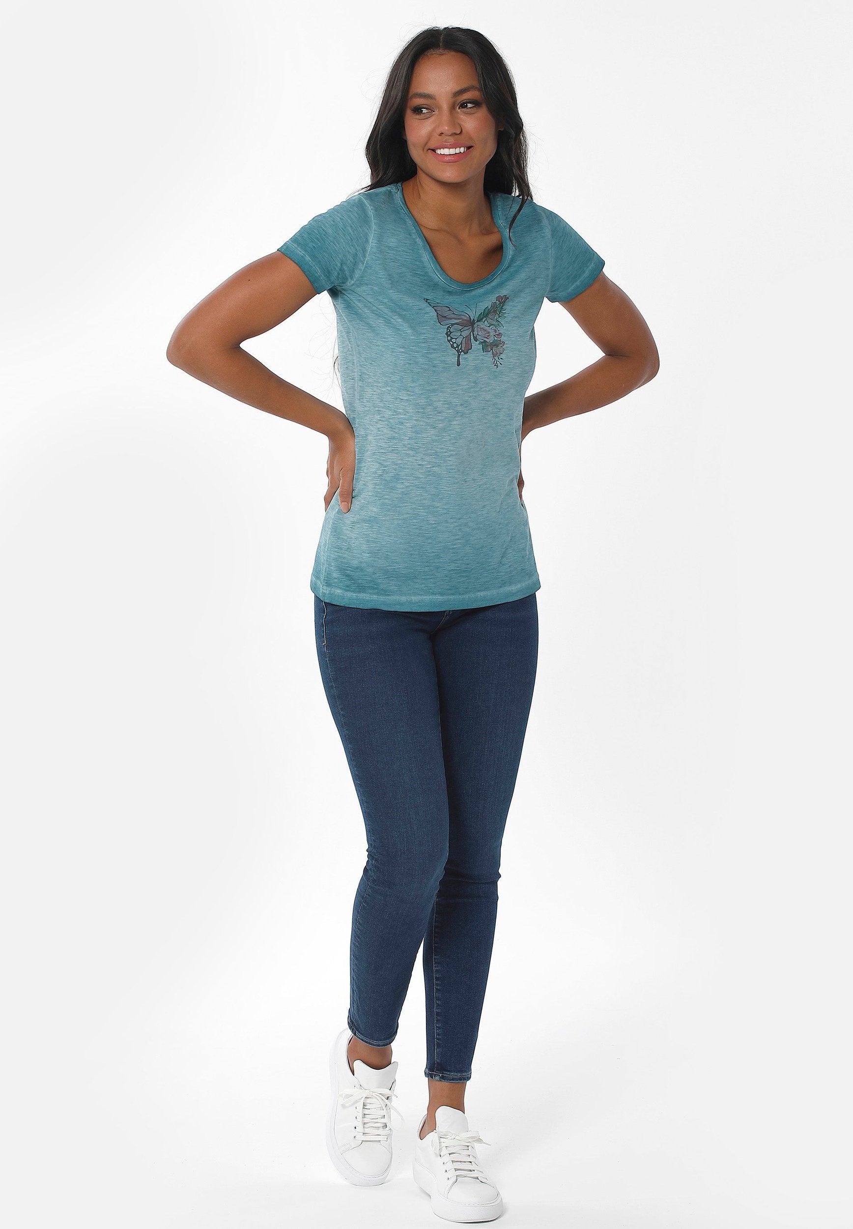 Garment Dyed T-Shirt aus Bio-Baumwolle mit  Schmetterling-Print