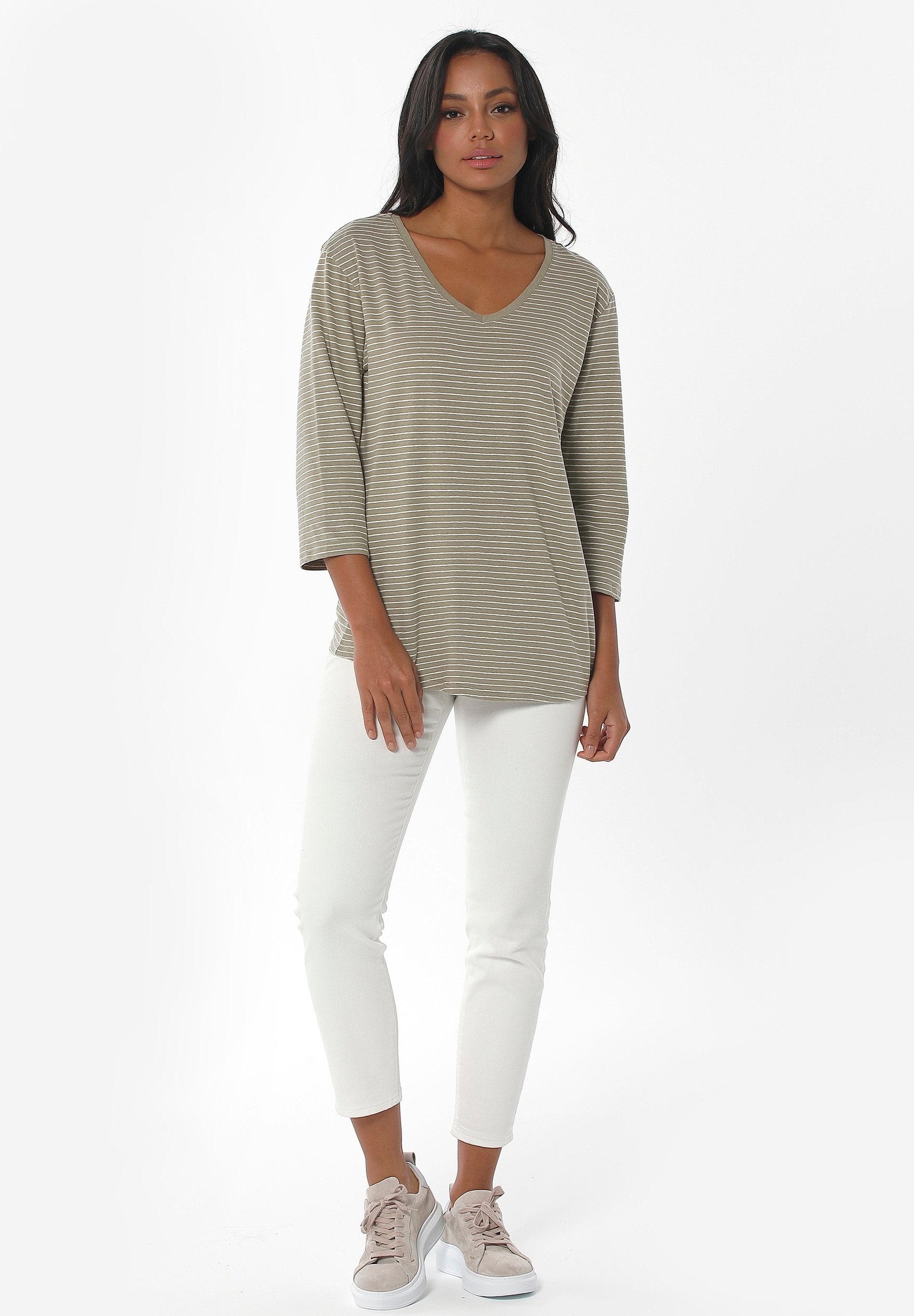 Gestreiftes 3/4-Arm Shirt aus Bio-Baumwolle und Leinen