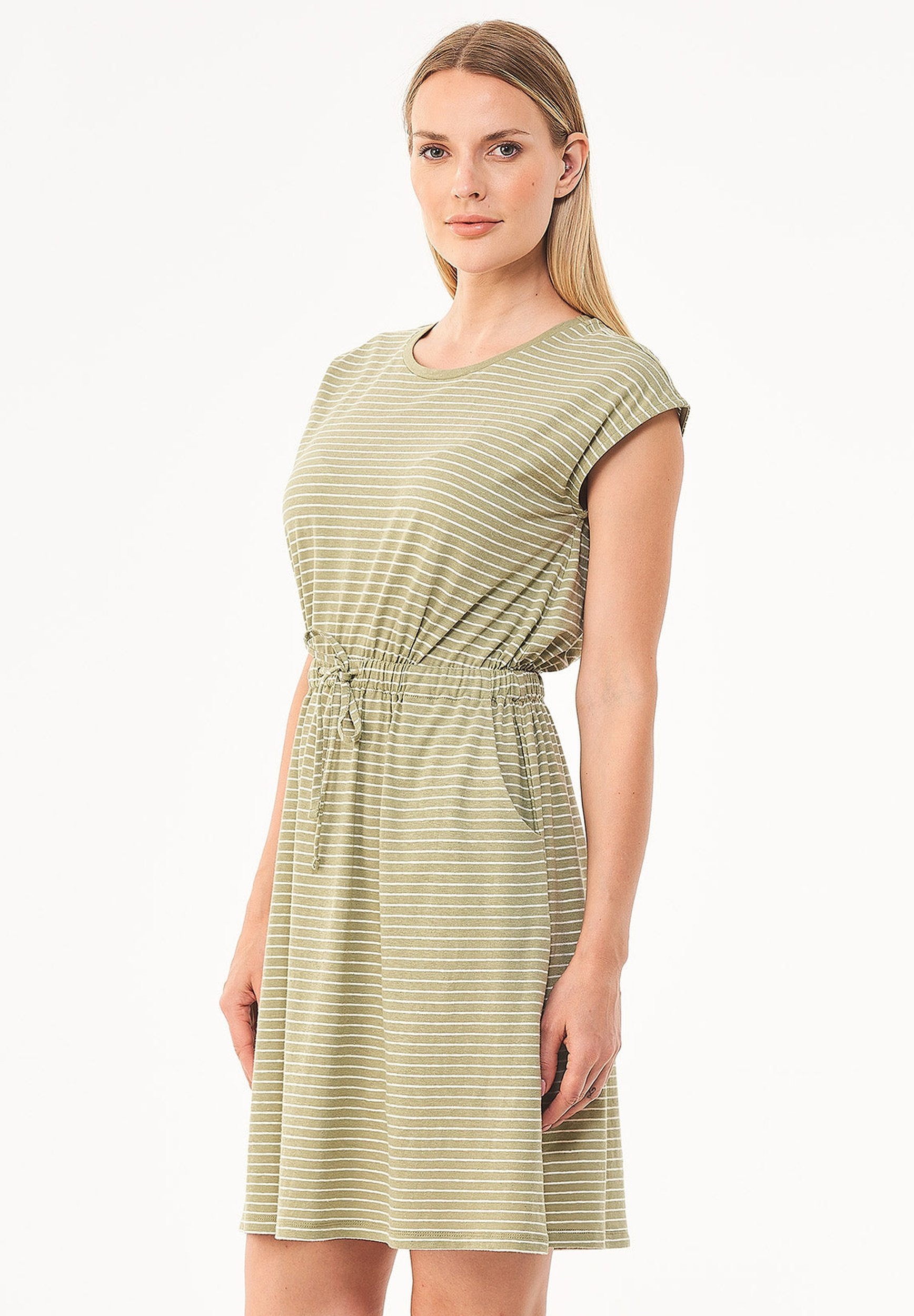 Gestreiftes Jerseykleid aus Bio-Baumwolle und Leinen