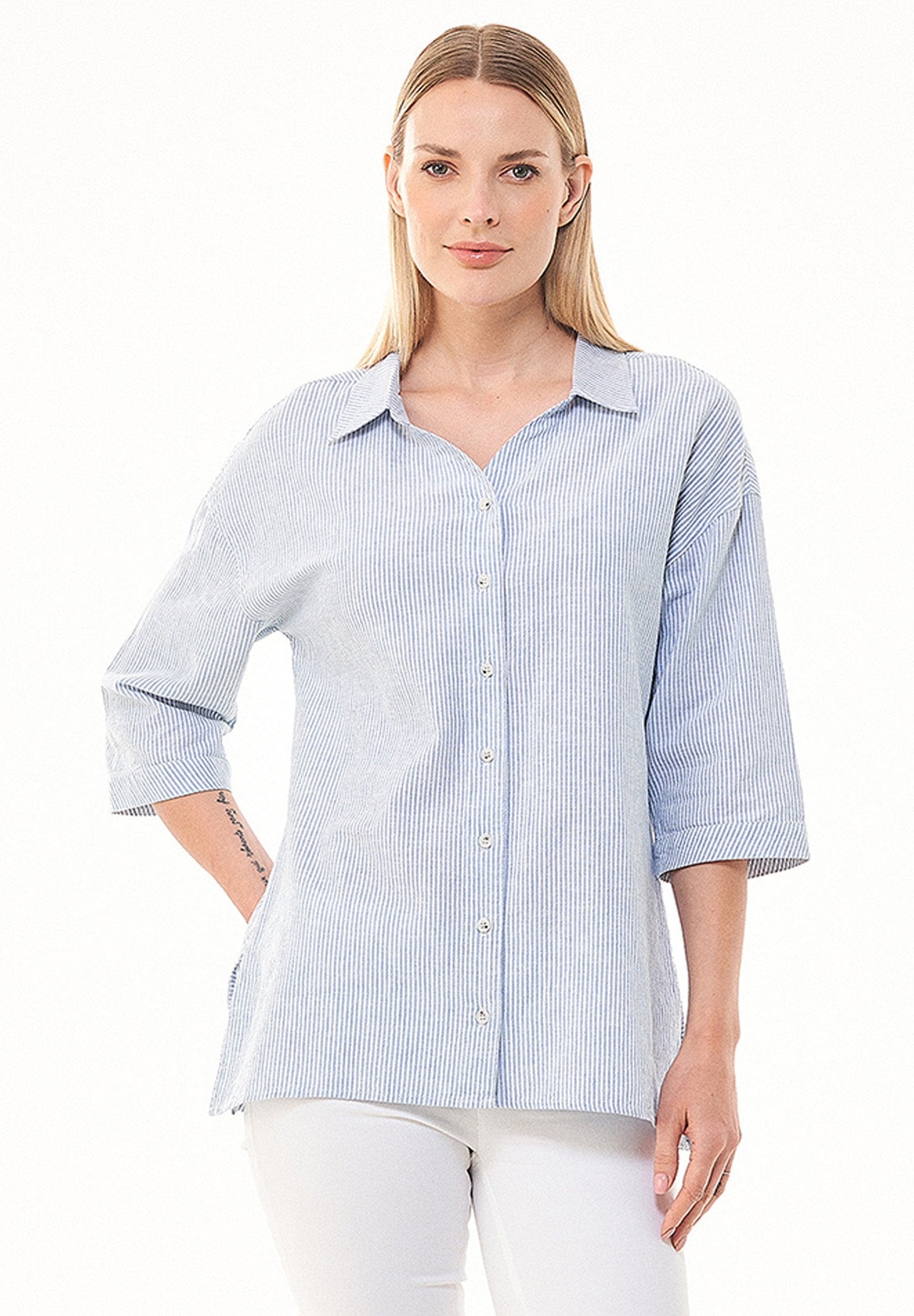 Gestreiftes Hemdbluse aus Leinen-Bio Baumwolle Mix