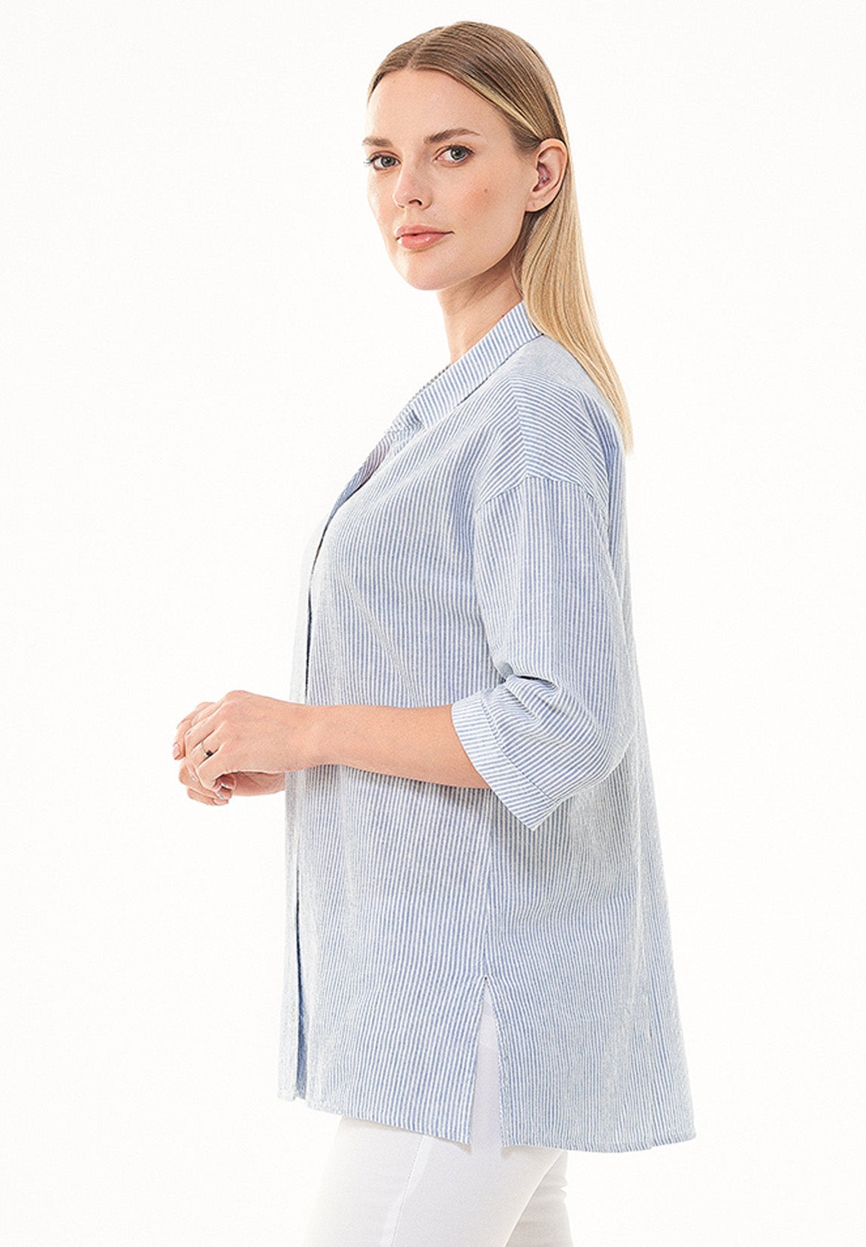 Gestreiftes Hemdbluse aus Leinen-Bio Baumwolle Mix