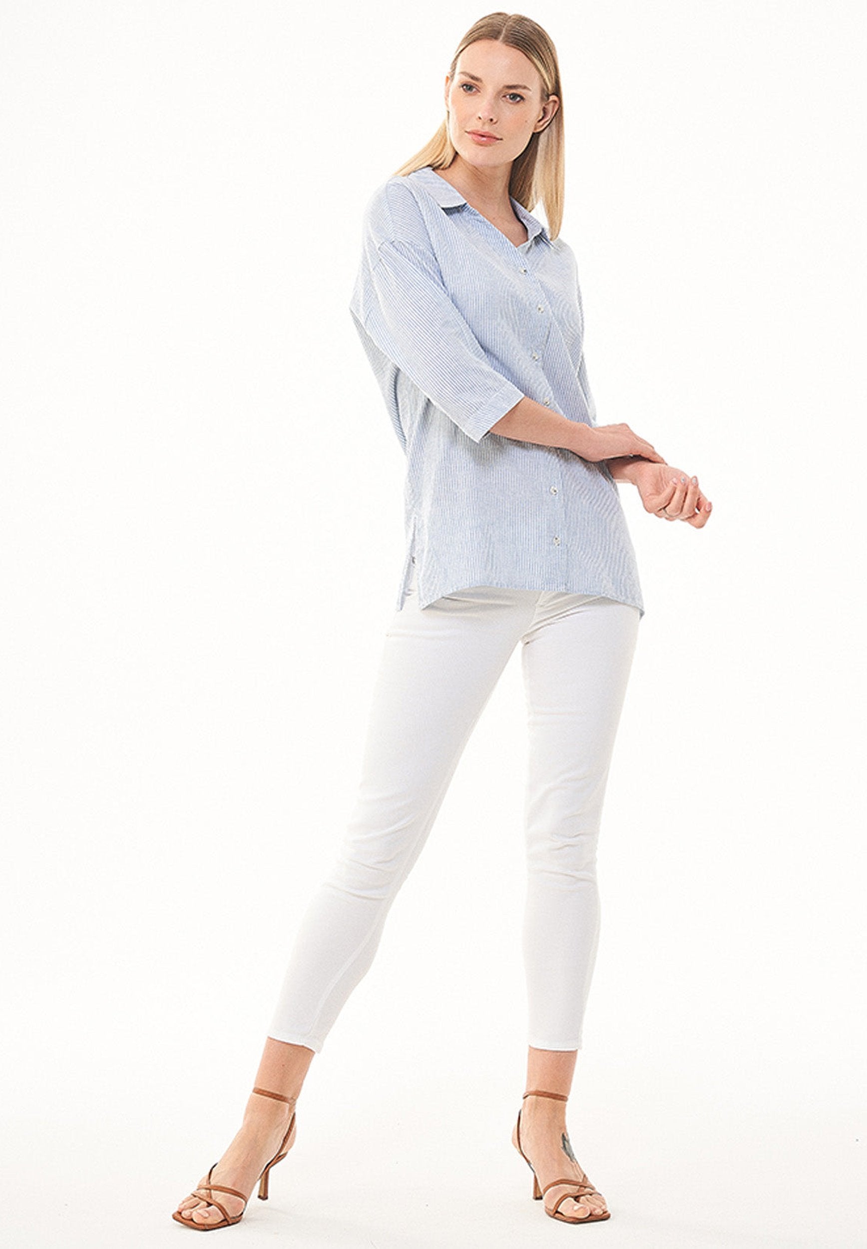 Gestreiftes Hemdbluse aus Leinen-Bio Baumwolle Mix