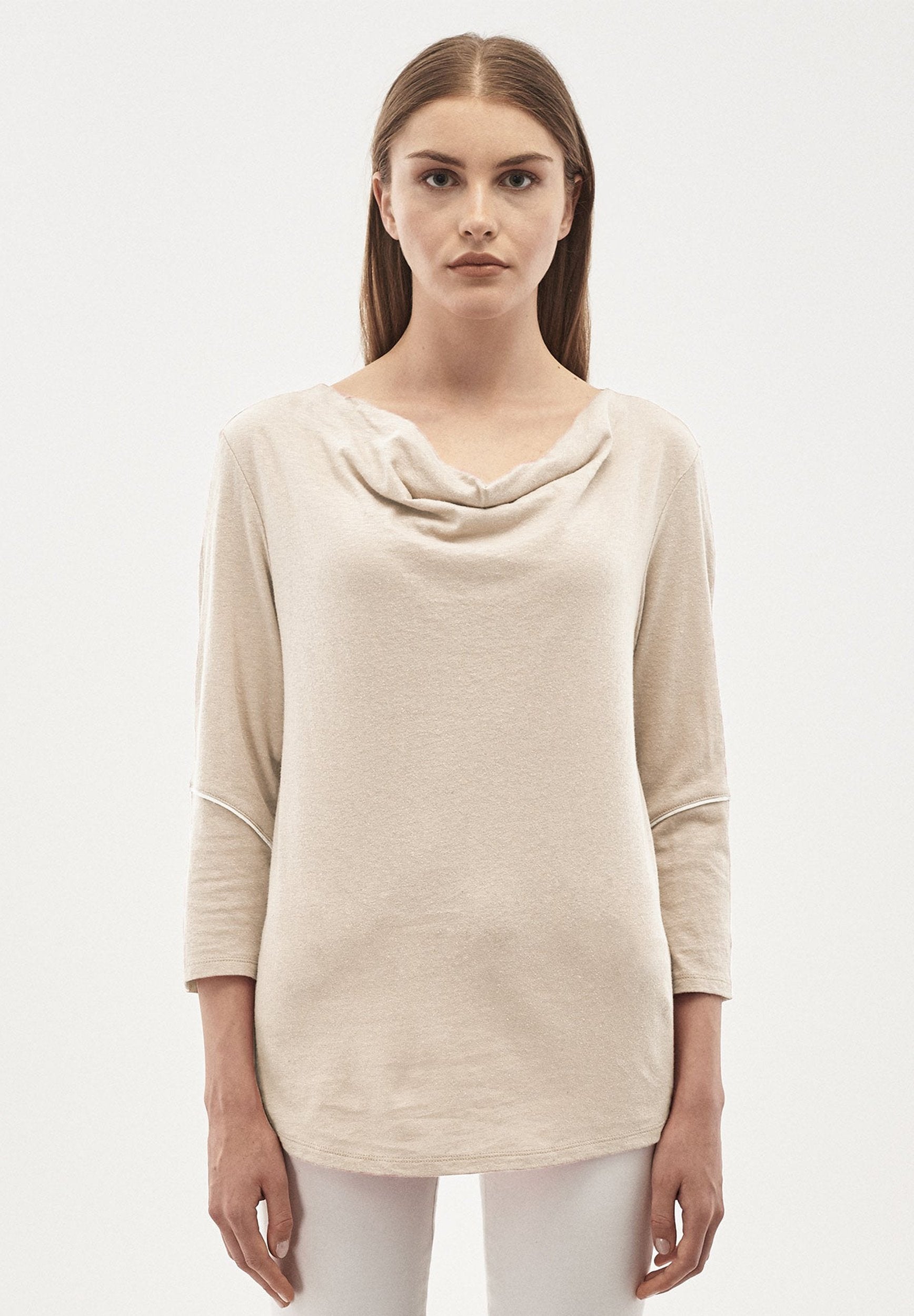 Damen 3/4 Arm Shirt aus Leinen-Bio-Baumwolle-Mix mit Wasserfallkragen