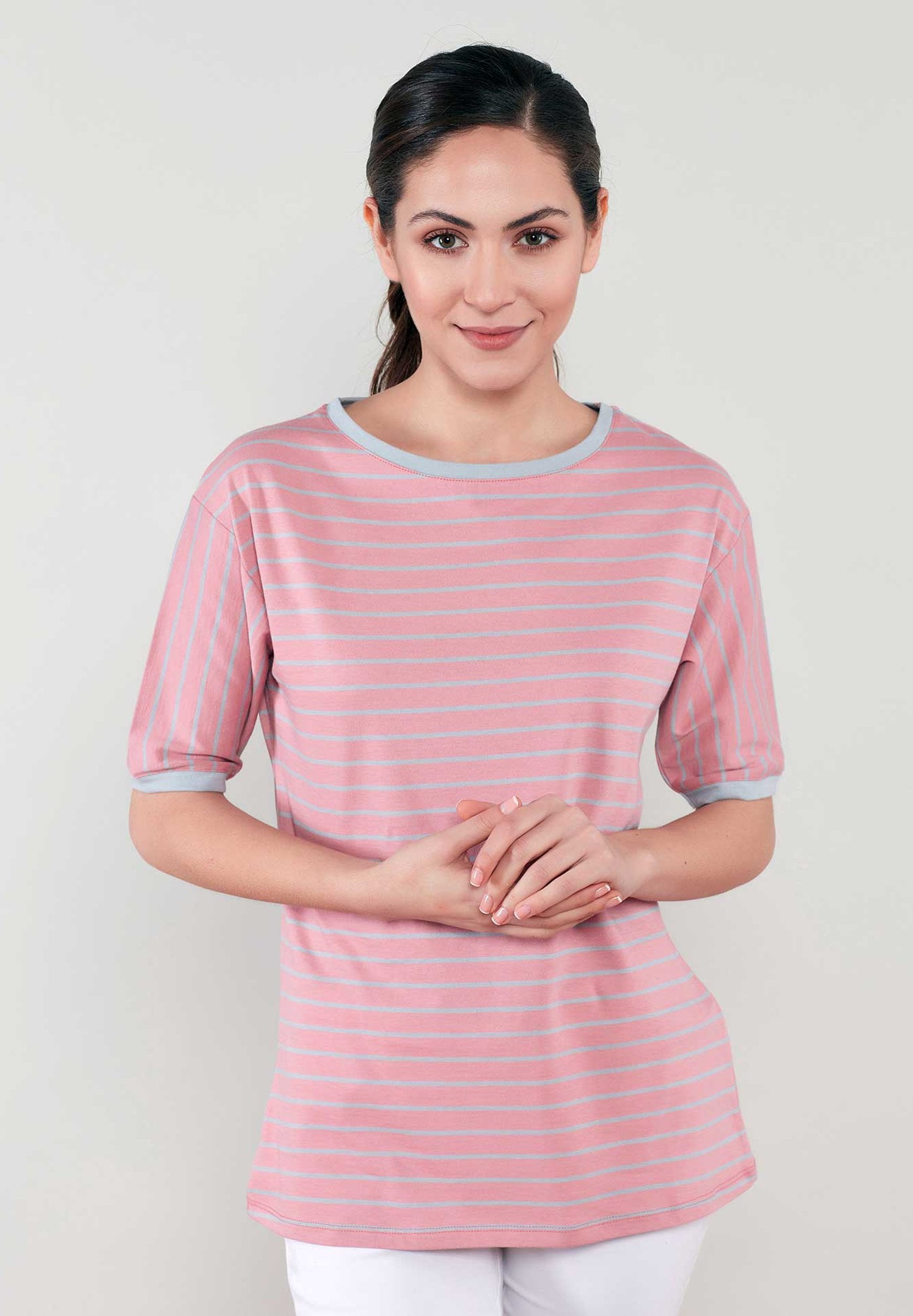 Gestreiftes Rundhals 1/2 Arm T-Shirt aus Bio-Baumwolle