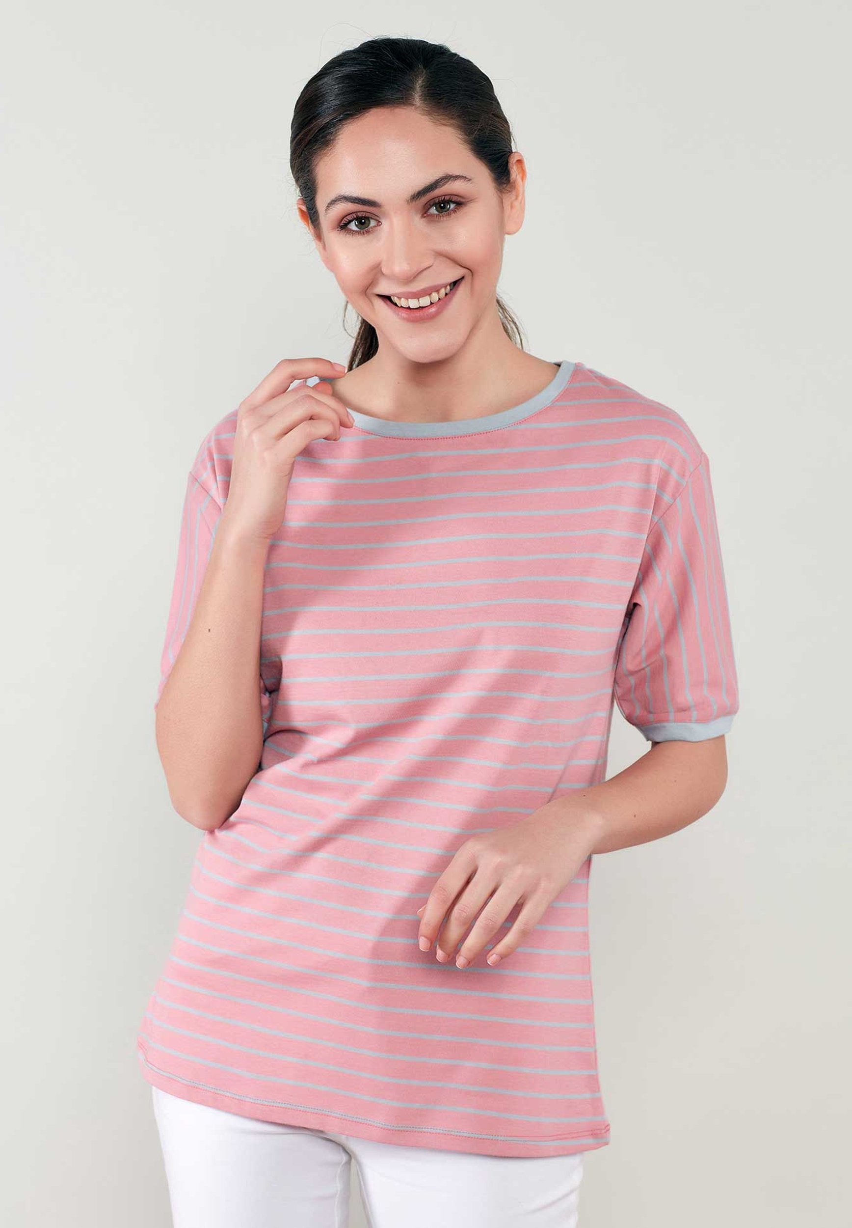 Gestreiftes Rundhals 1/2 Arm T-Shirt aus Bio-Baumwolle