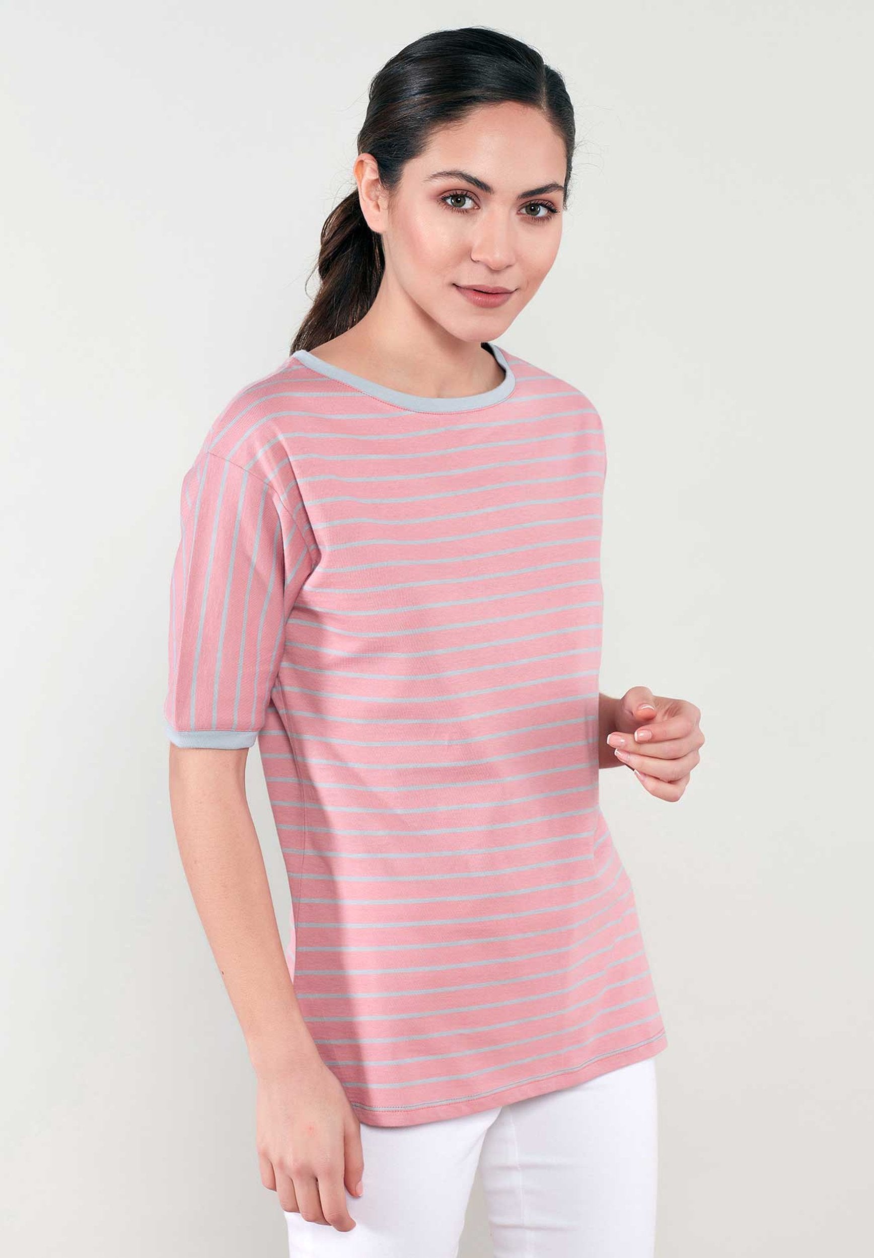 Gestreiftes Rundhals 1/2 Arm T-Shirt aus Bio-Baumwolle