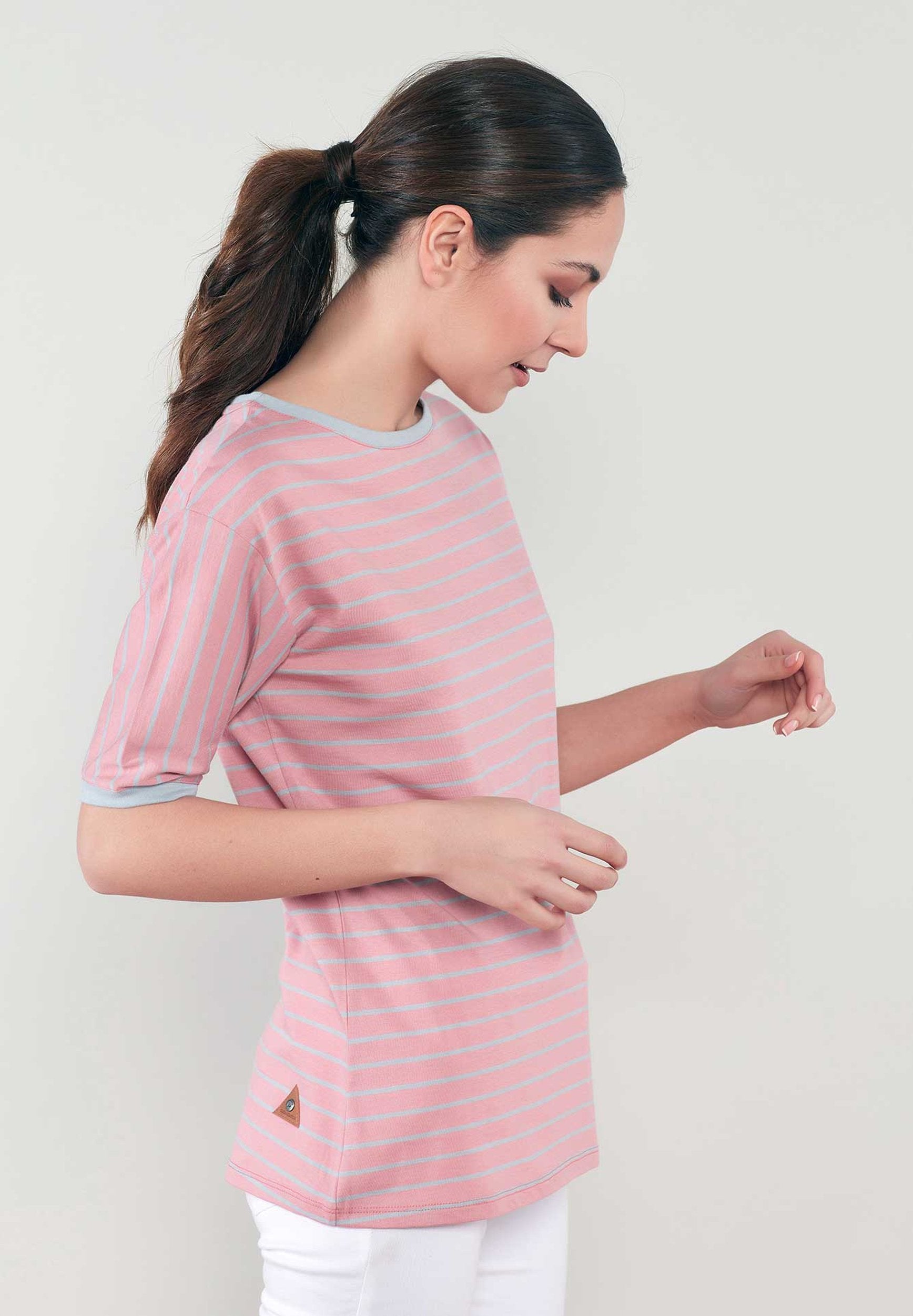 Gestreiftes Rundhals 1/2 Arm T-Shirt aus Bio-Baumwolle