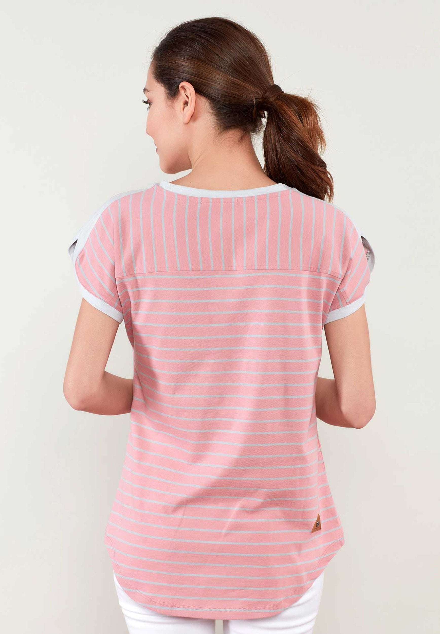 Gestreiftes T-Shirt mit V-Ausschnitt und längerem Rückenteil