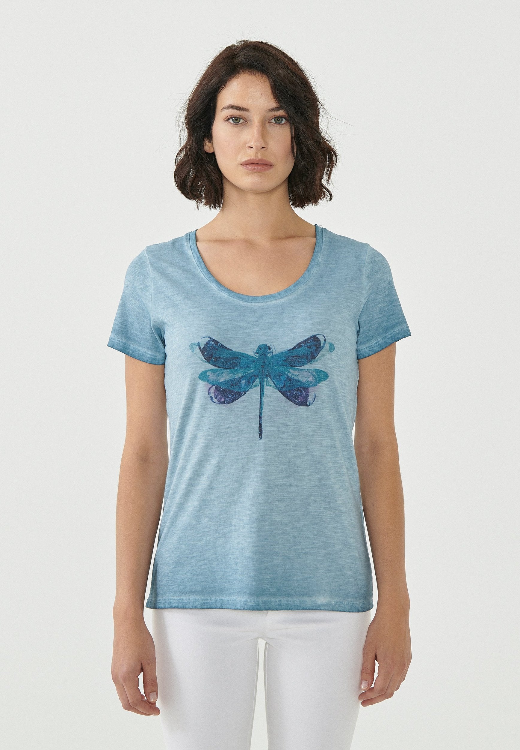 Garment Dyed T-Shirt aus Bio-Baumwolle mit Libellen-Print