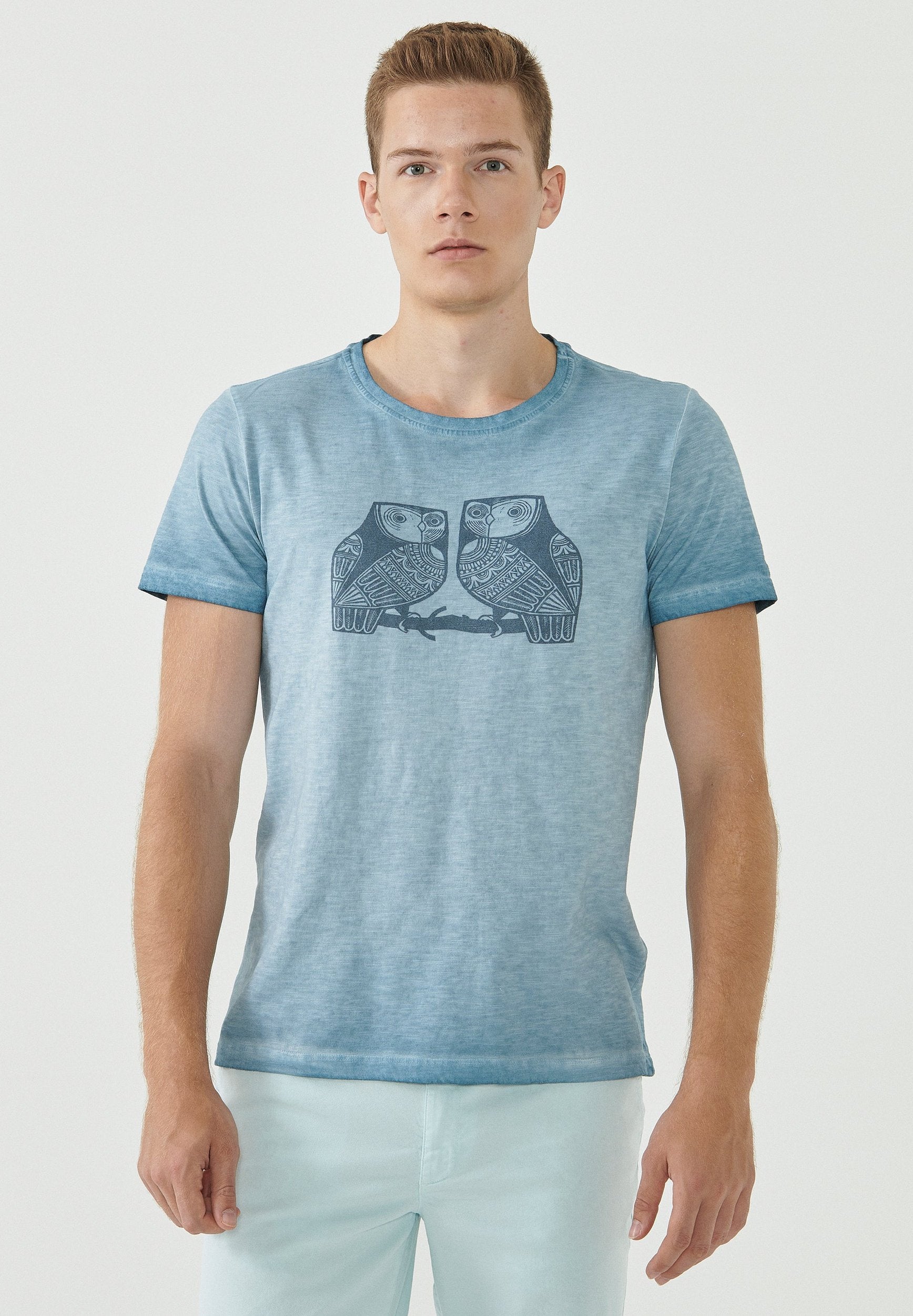 Garment Dyed T-Shirt aus Bio-Baumwolle mit Eulen-Print