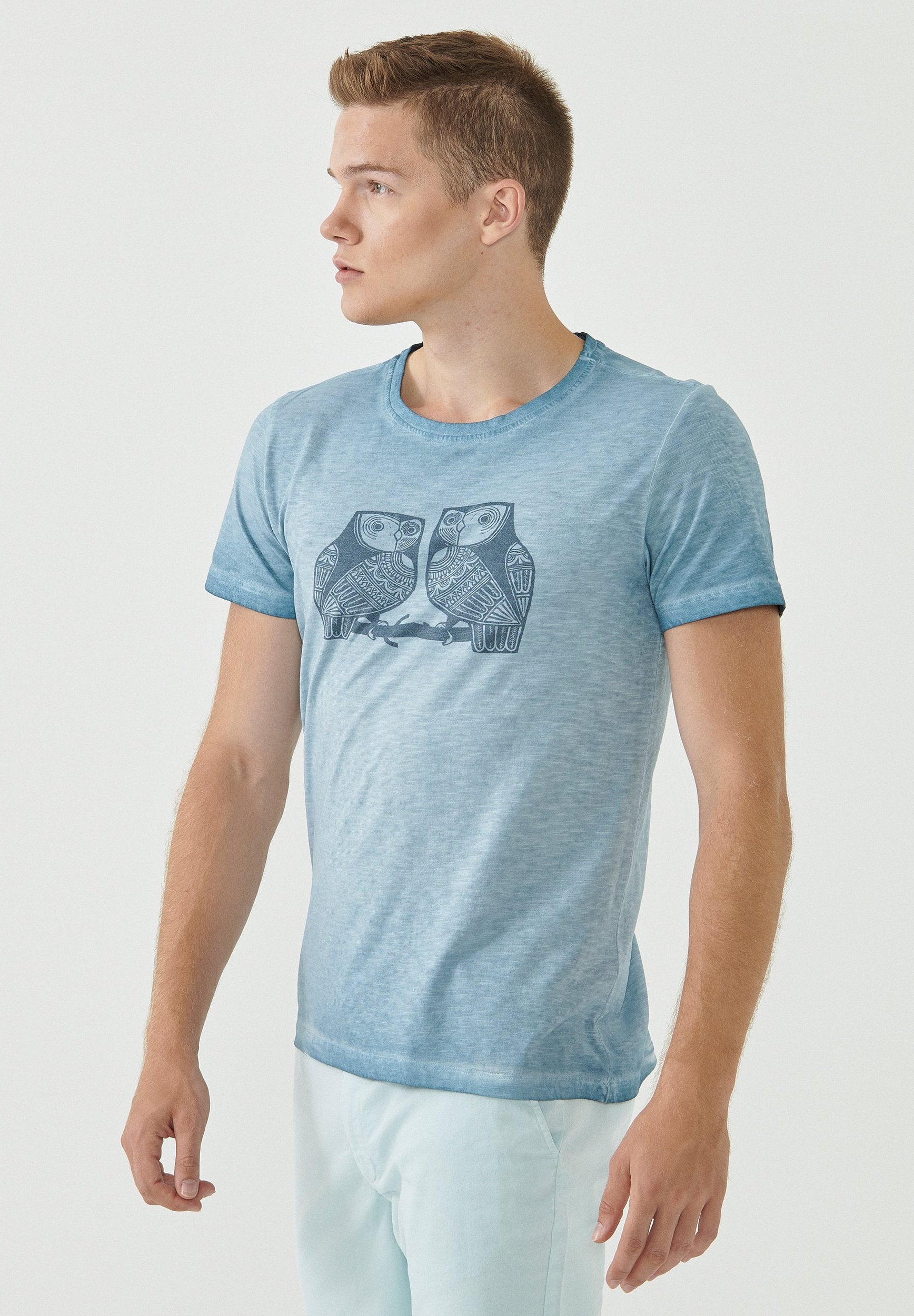 Garment Dyed T-Shirt aus Bio-Baumwolle mit Eulen-Print