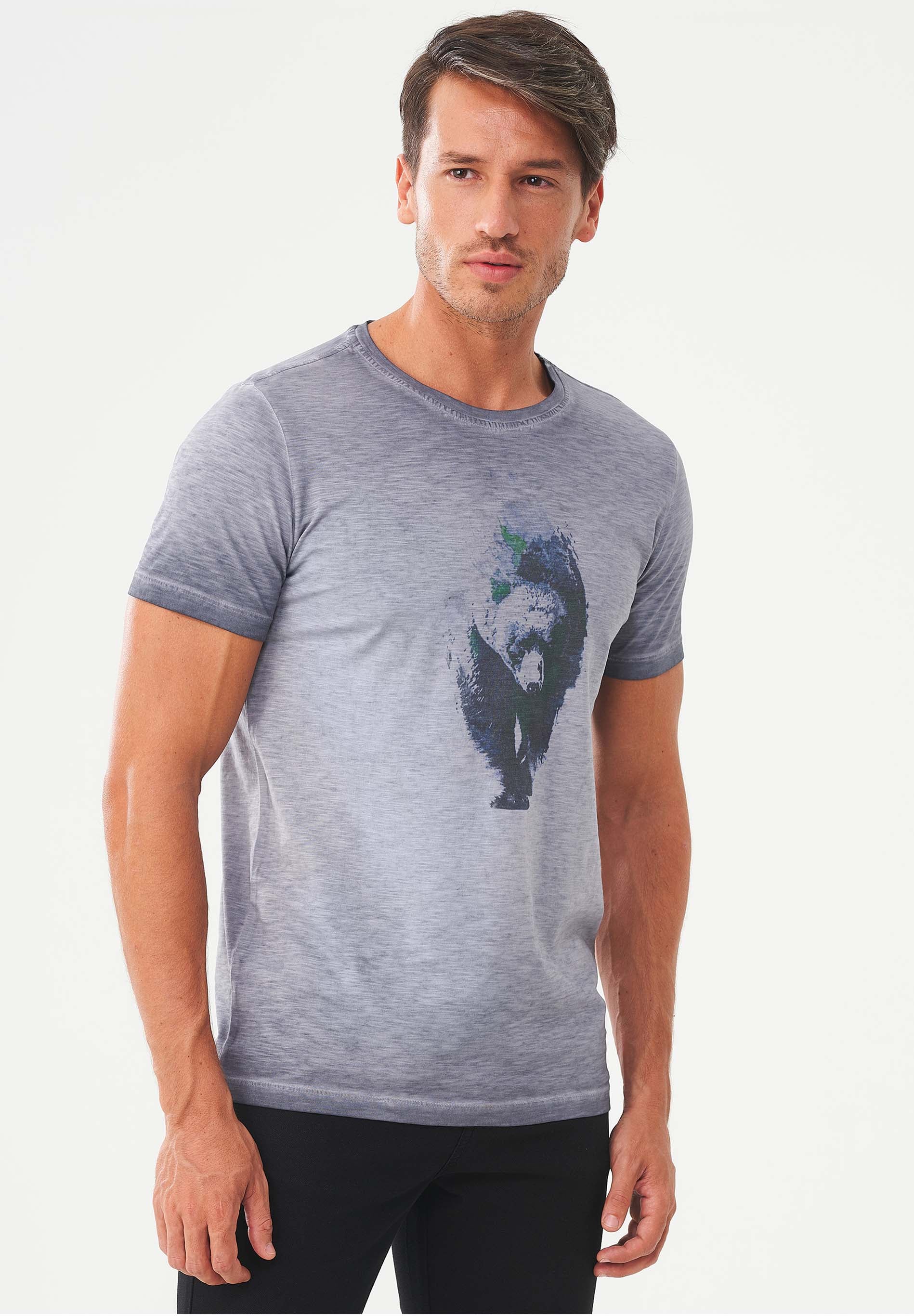 Garment Dyed T-Shirt aus Bio-Baumwolle mit Bär-Print