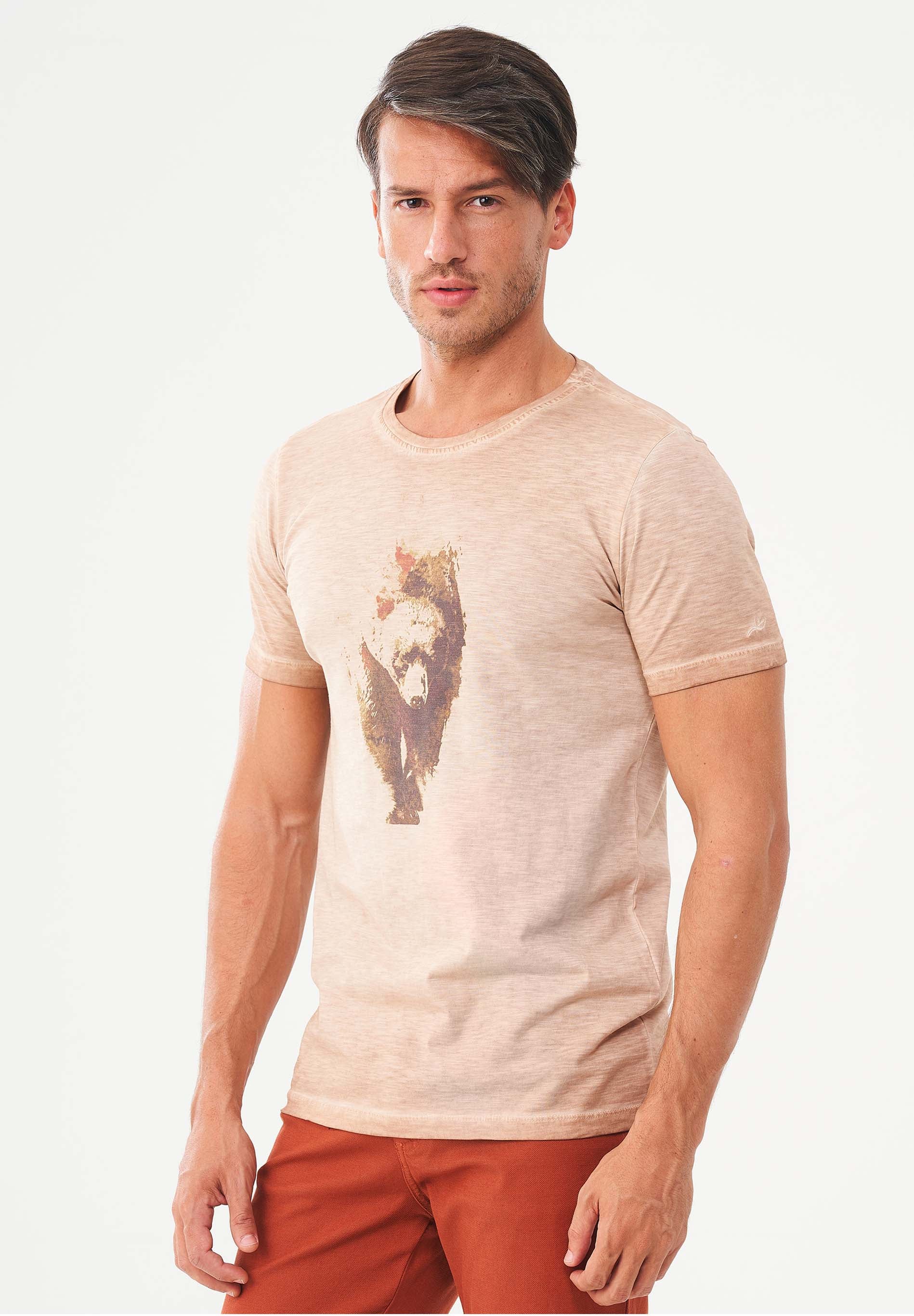 Garment Dyed T-Shirt aus Bio-Baumwolle mit Bär-Print
