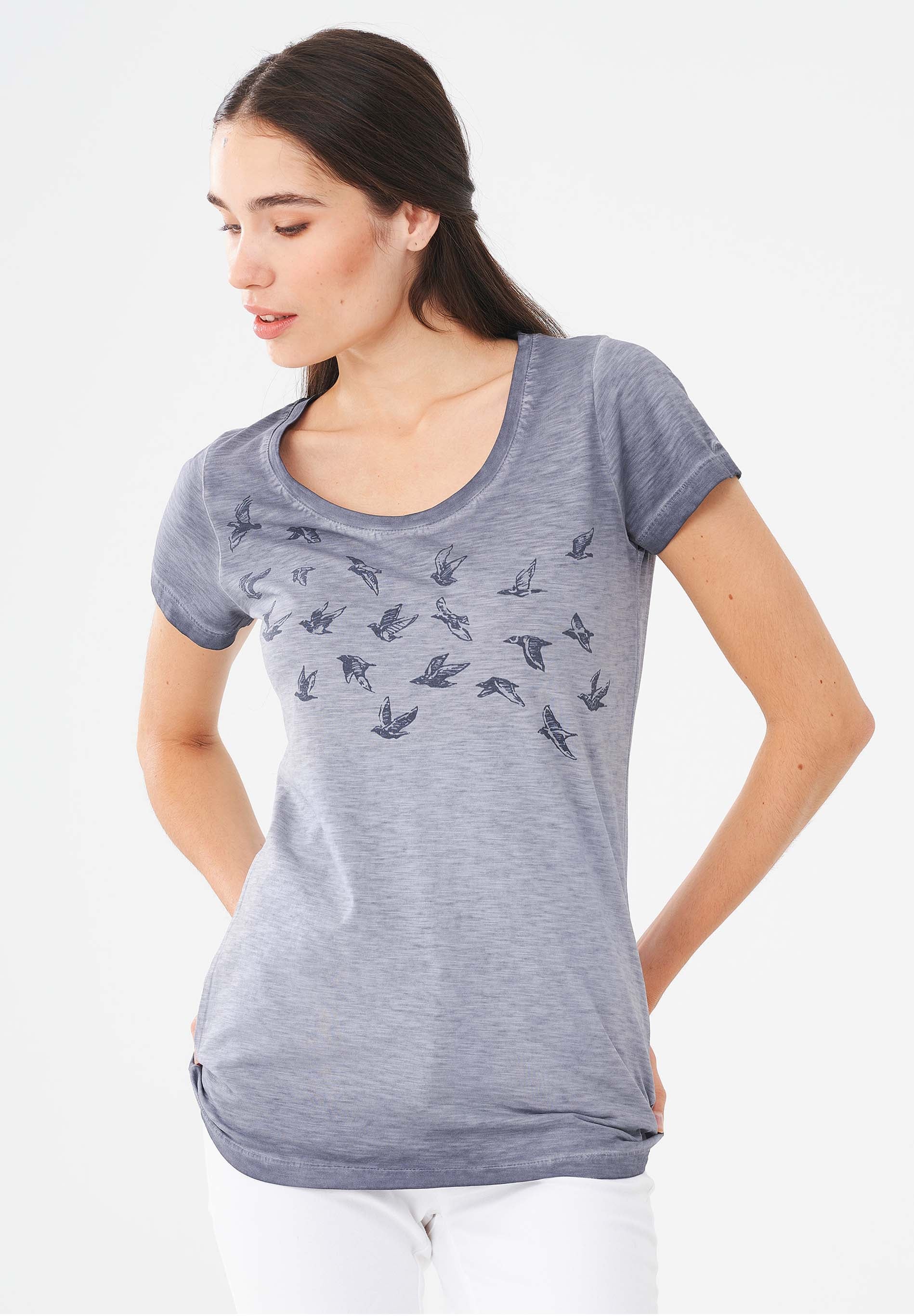 Garment Dyed T-Shirt aus Bio-Baumwolle mit Vögel-Print