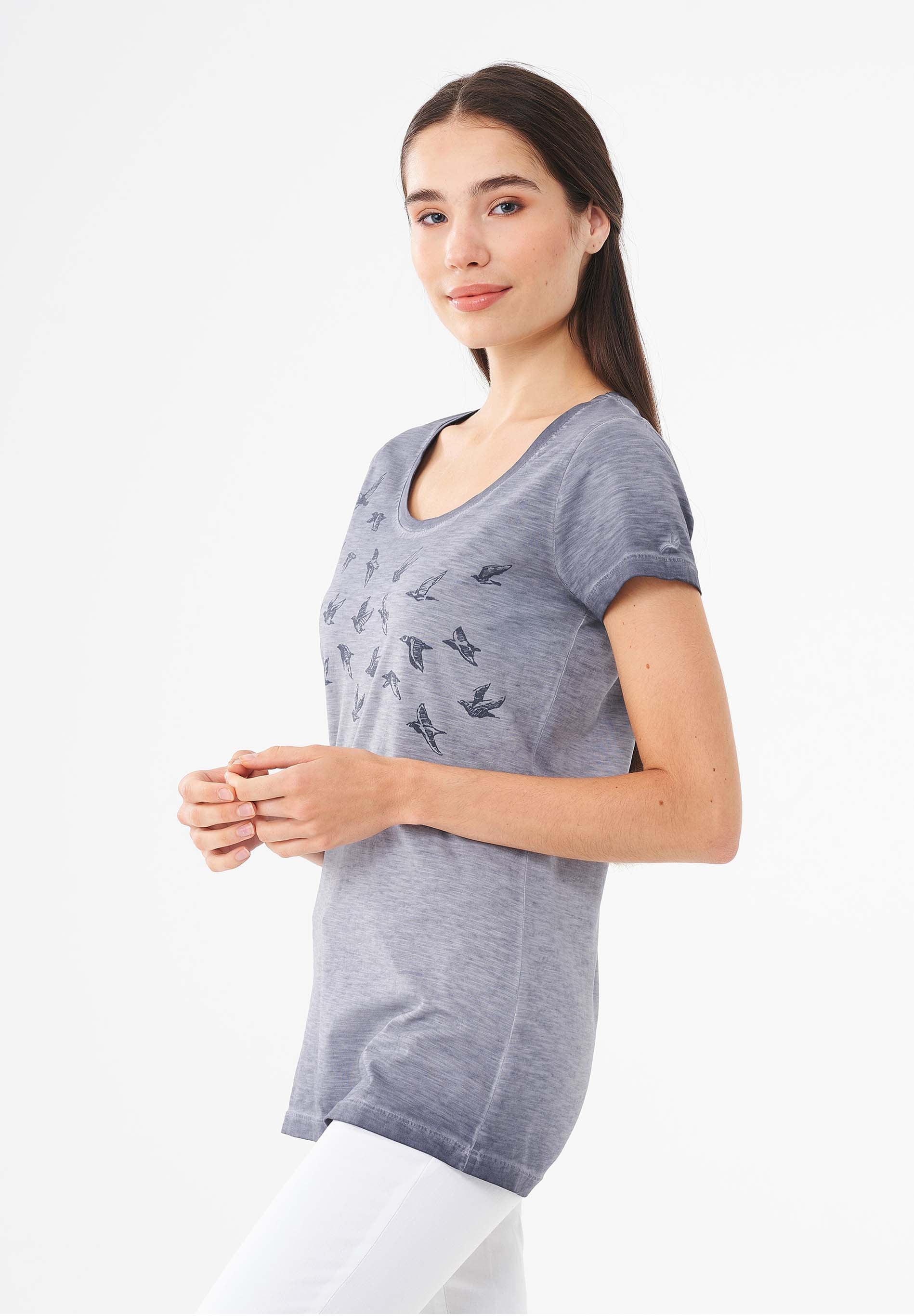 Garment Dyed T-Shirt aus Bio-Baumwolle mit Vögel-Print