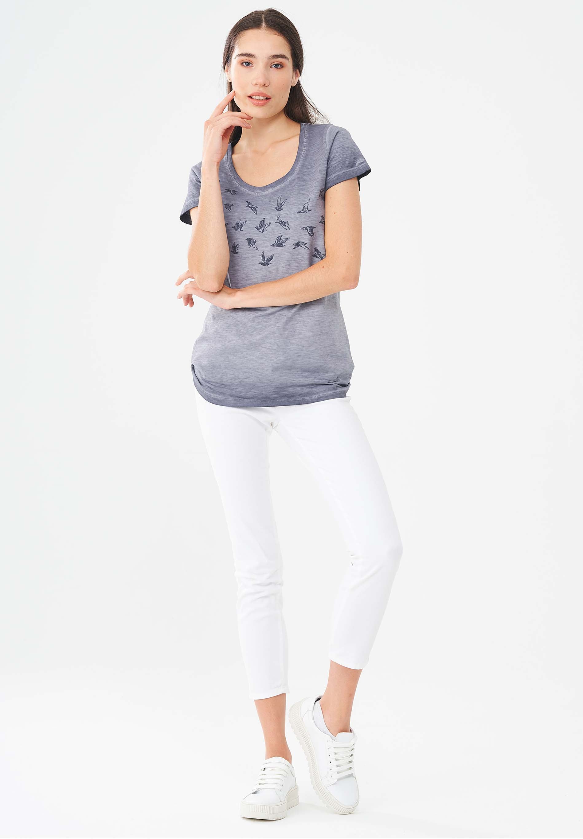 Garment Dyed T-Shirt aus Bio-Baumwolle mit Vögel-Print