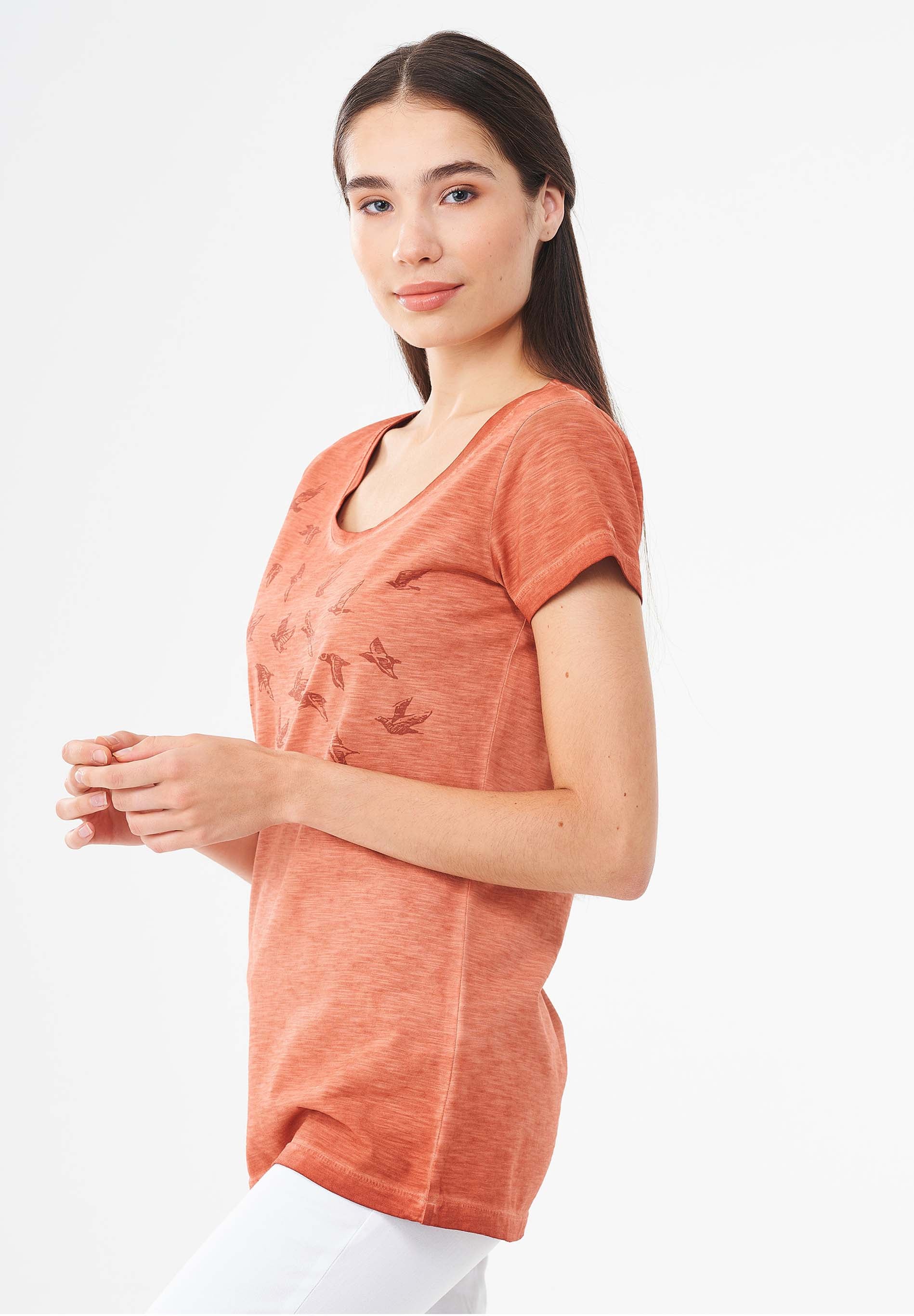 Garment Dyed T-Shirt aus Bio-Baumwolle mit Vögel-Print