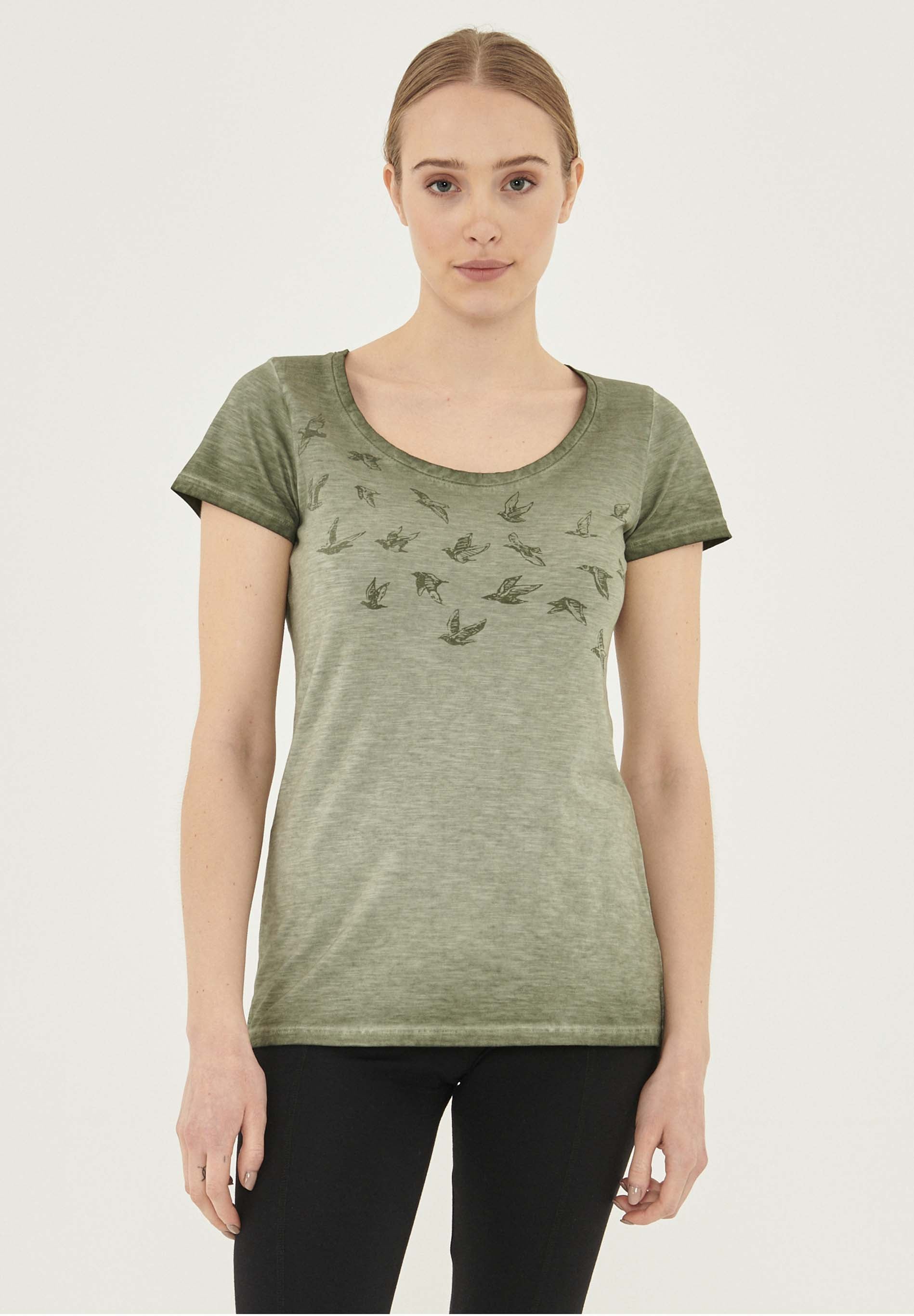 Garment Dyed T-Shirt aus Bio-Baumwolle mit Vögel-Print