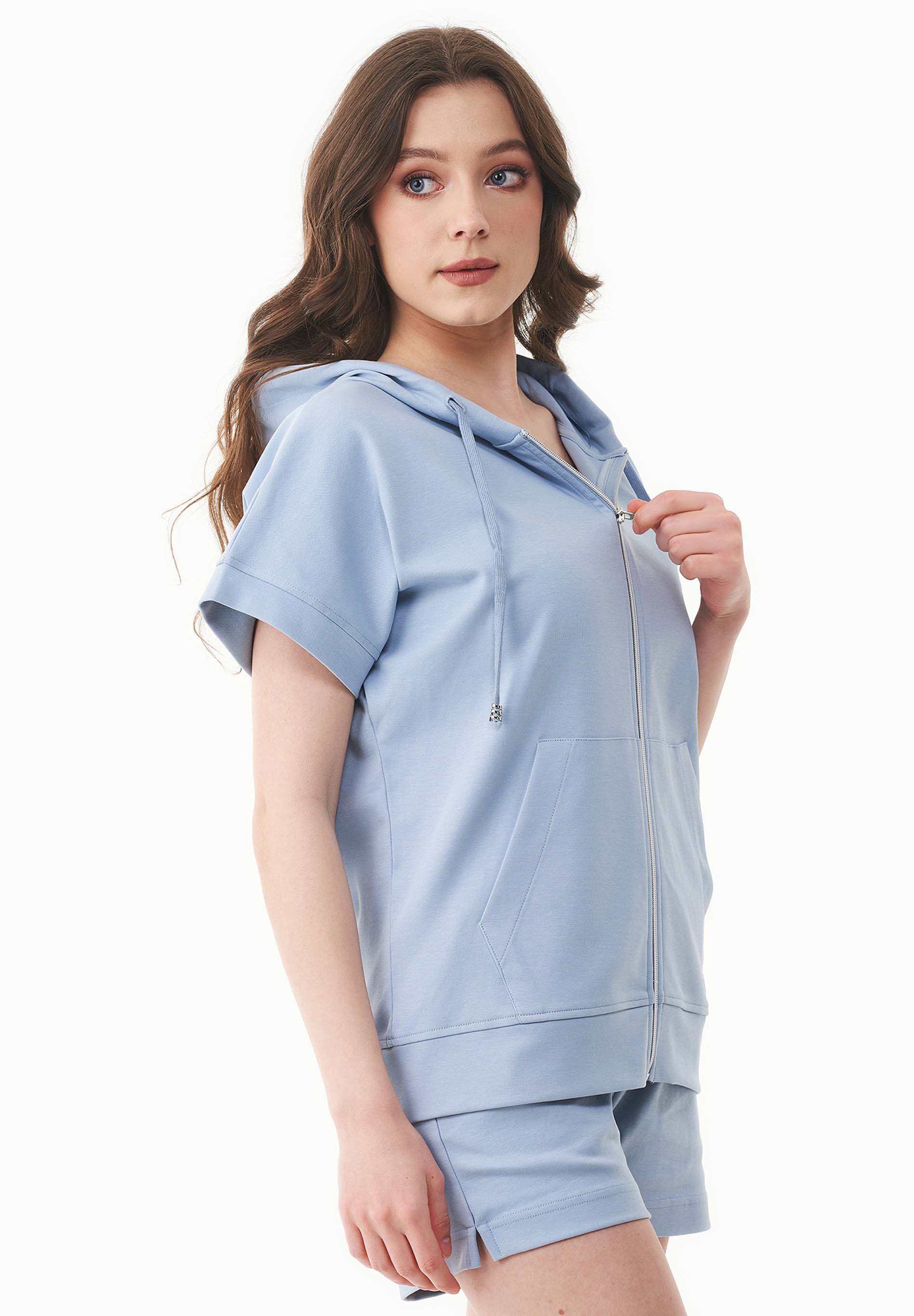 Leichte Full-Zip Kurzarm-Hoodie aus Bio-Baumwolle
