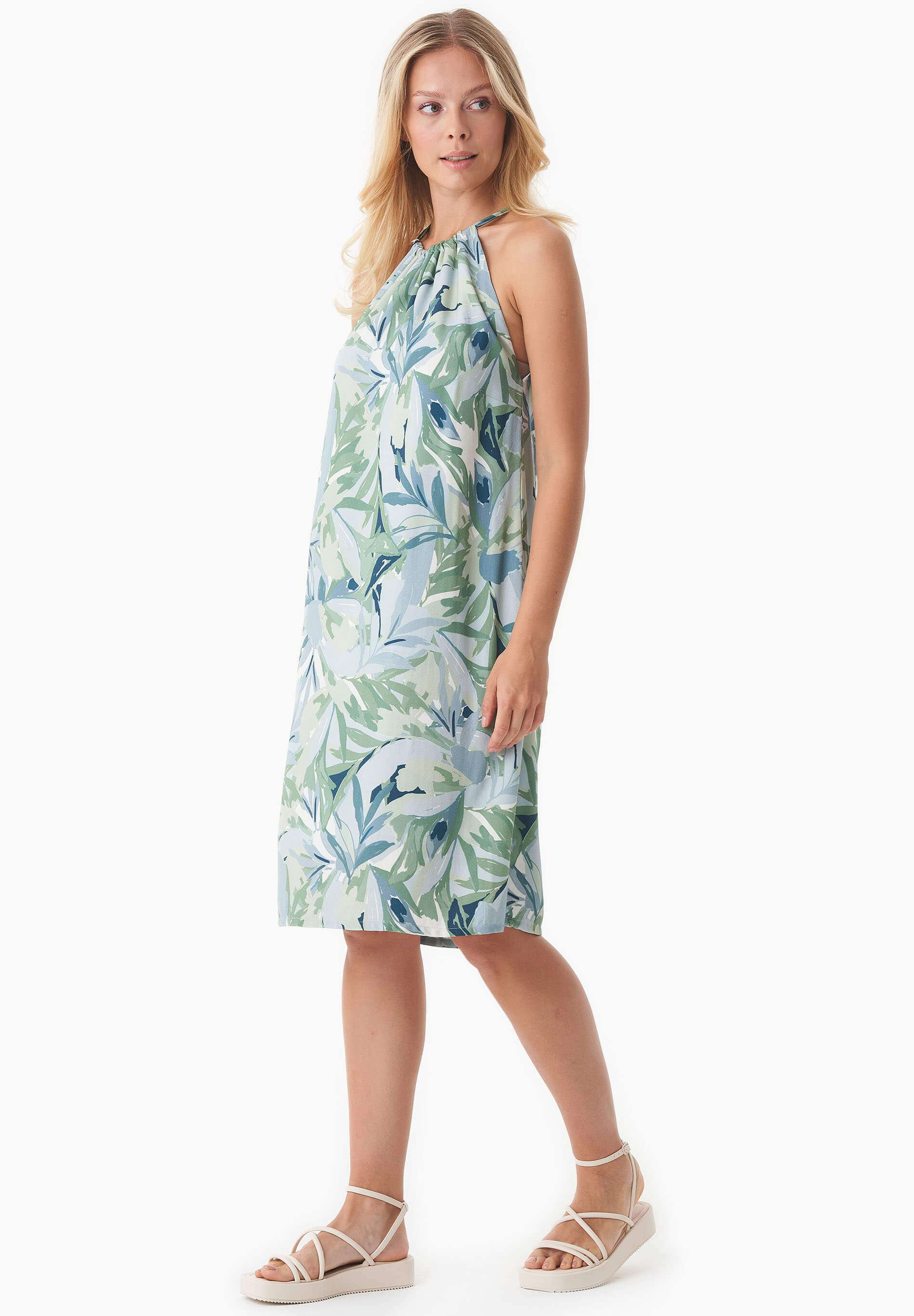 Neckholder-Kleid aus LENZING™ ECOVERO™ mit Blattmuster