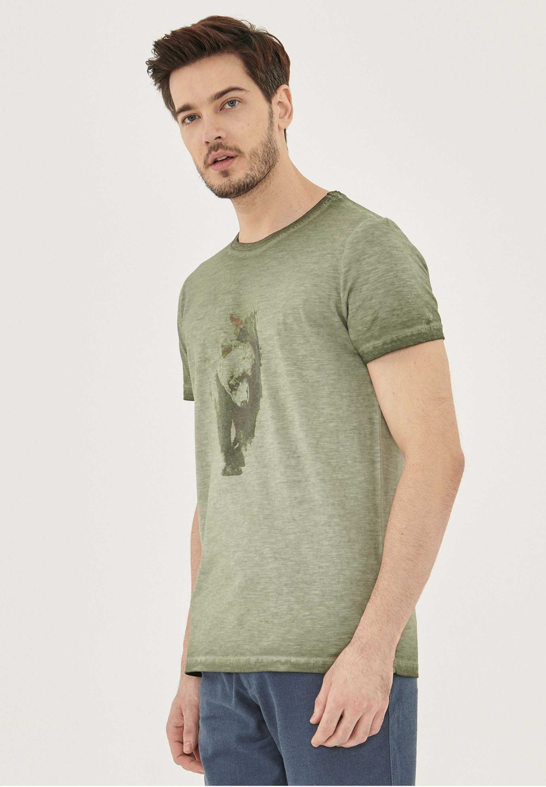 Garment Dyed T-Shirt aus Bio-Baumwolle mit Bär-Print