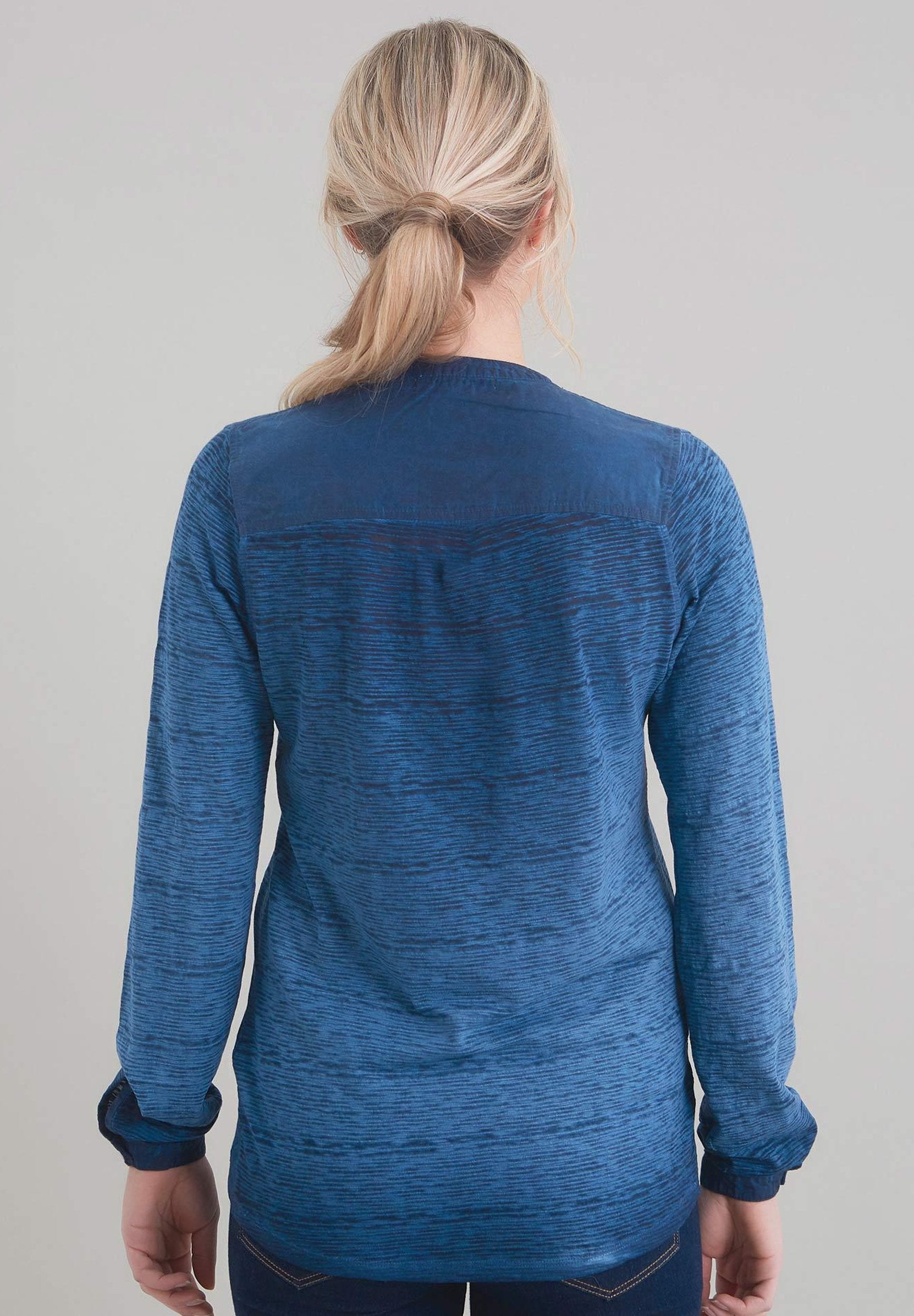 Damen Langarmshirt mit Knopfleiste und Halsblende aus Bio-Baumwolle WOR6016 Indigo