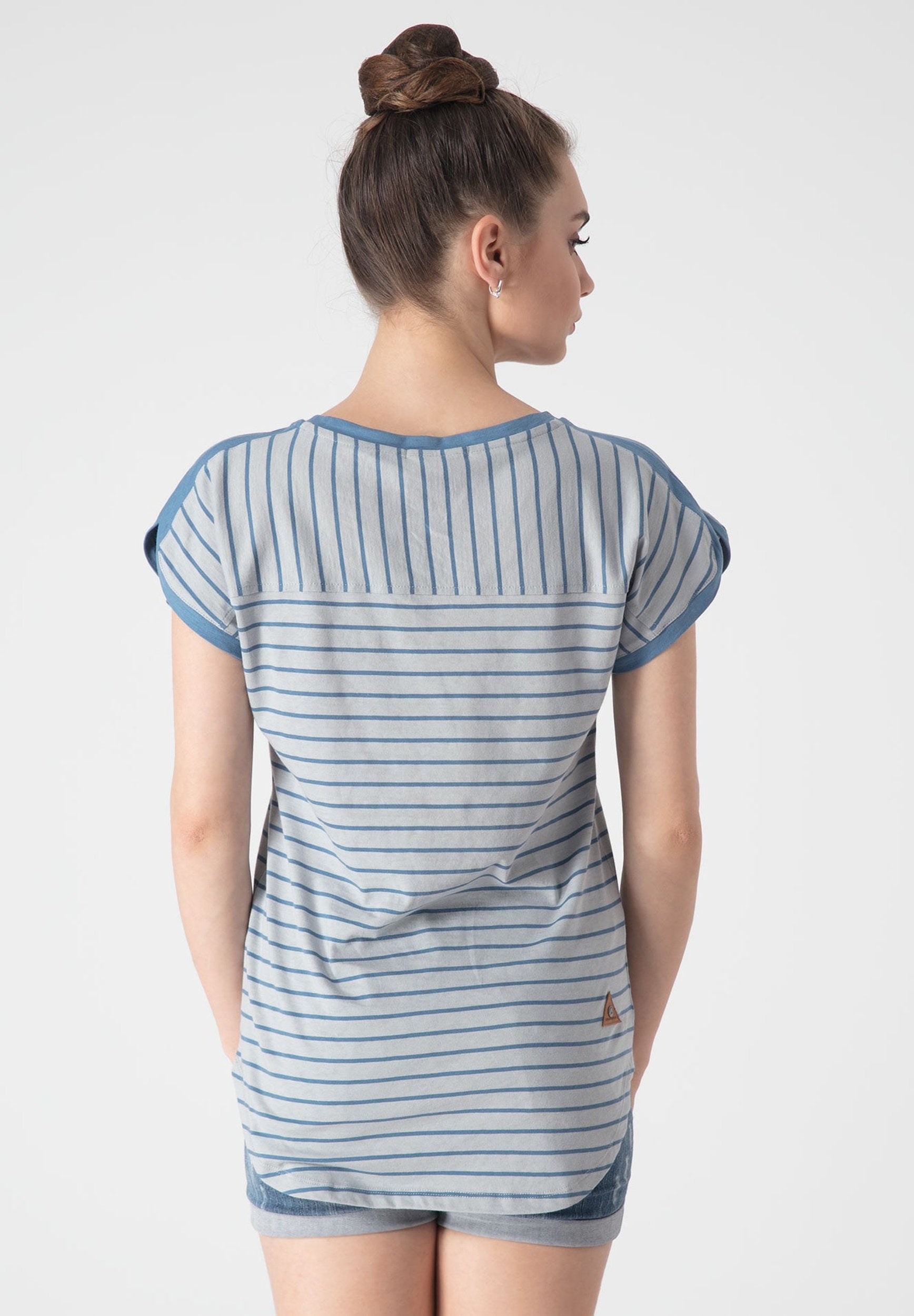 Gestreiftes T-Shirt mit V-Ausschnitt und längerem Rückenteil